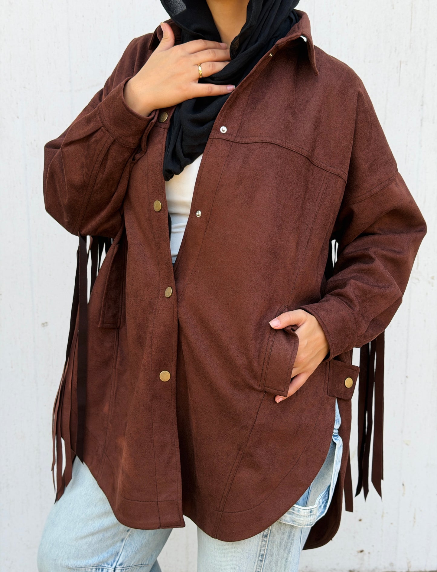 Back Fringes Suede Shirt in Brown