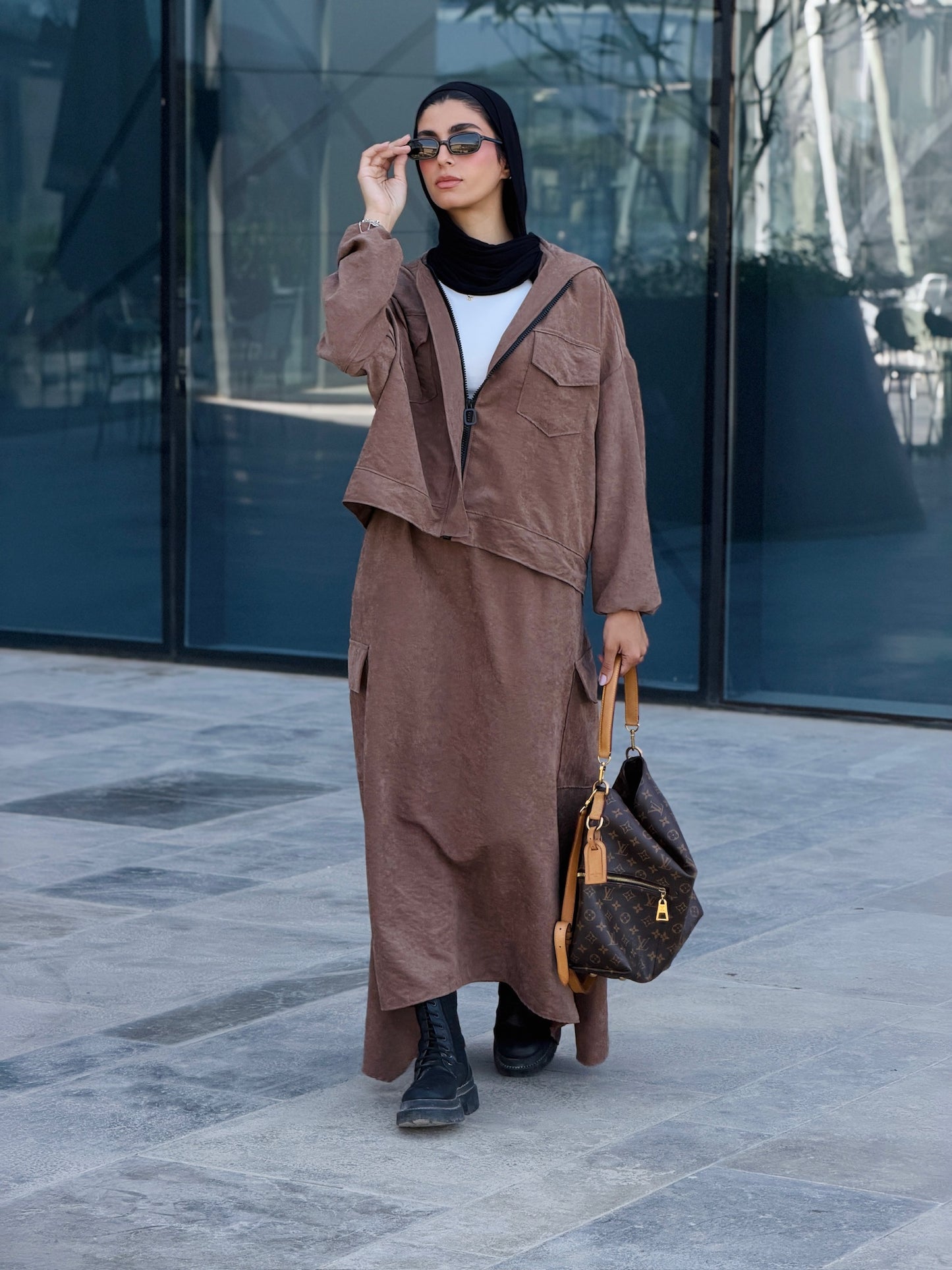 Bomber Jacket Flowy Skirt Set in Brown