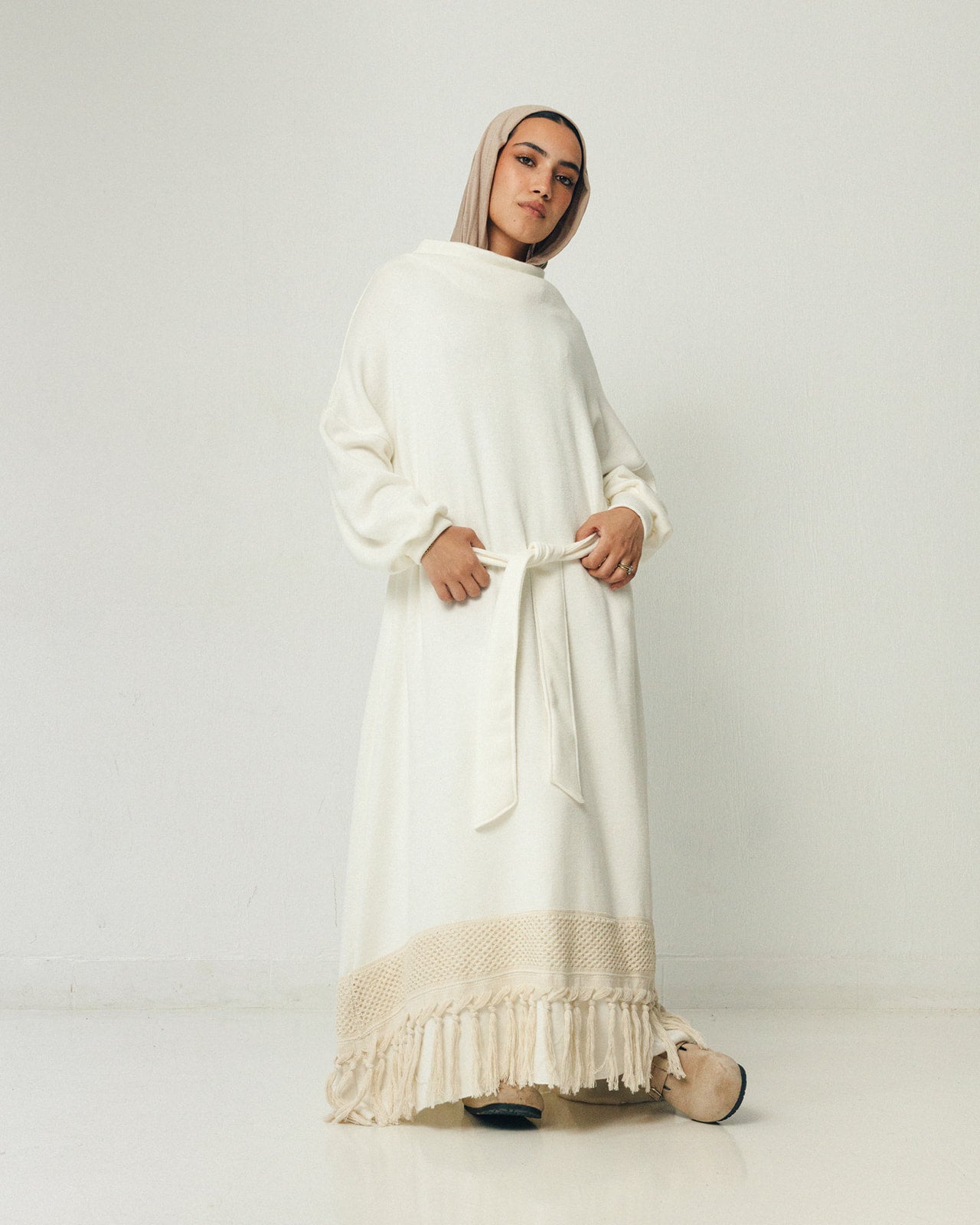 Ivory Soft Wool Fringes Dress