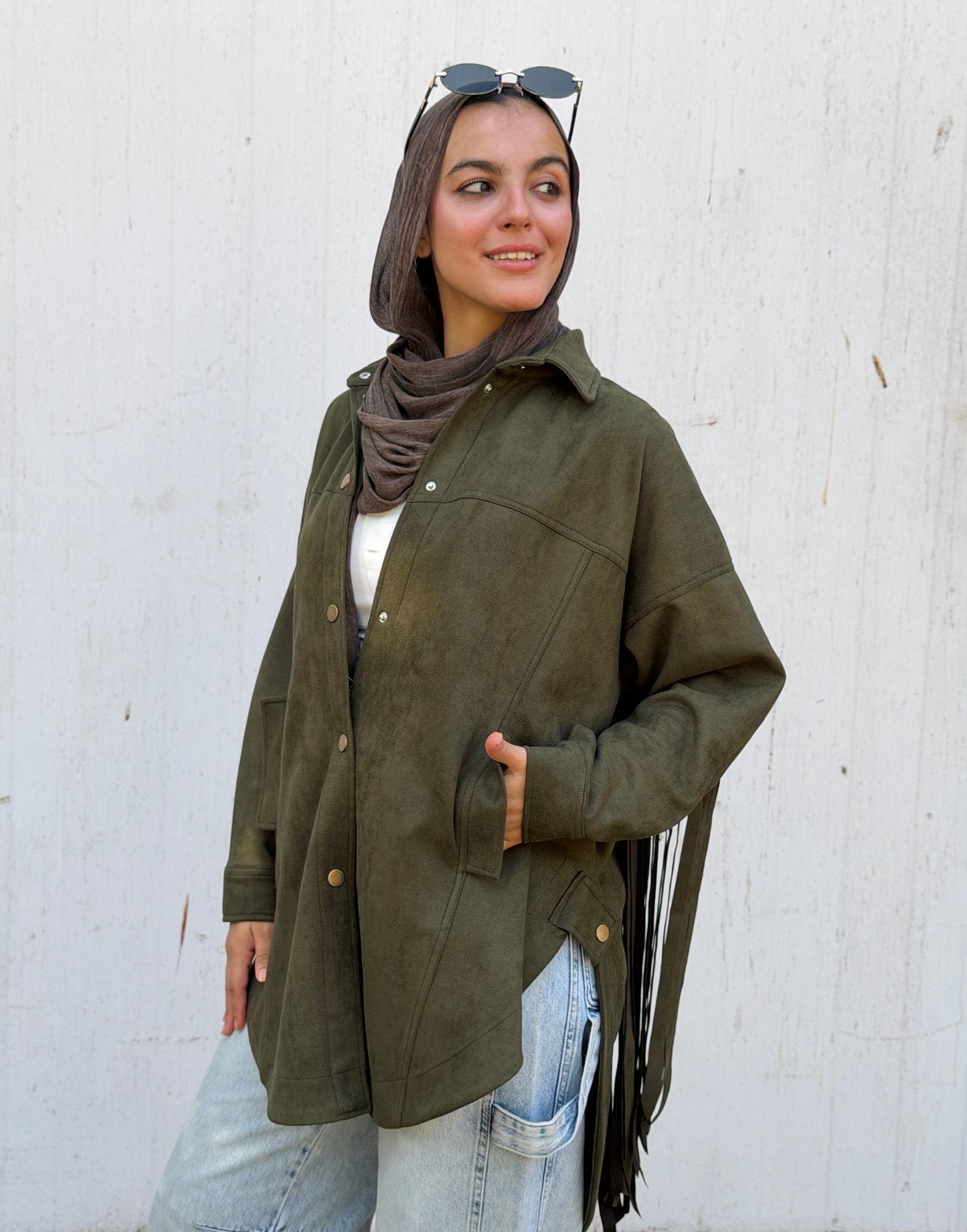 Back Fringes Suede Shirt in Olive