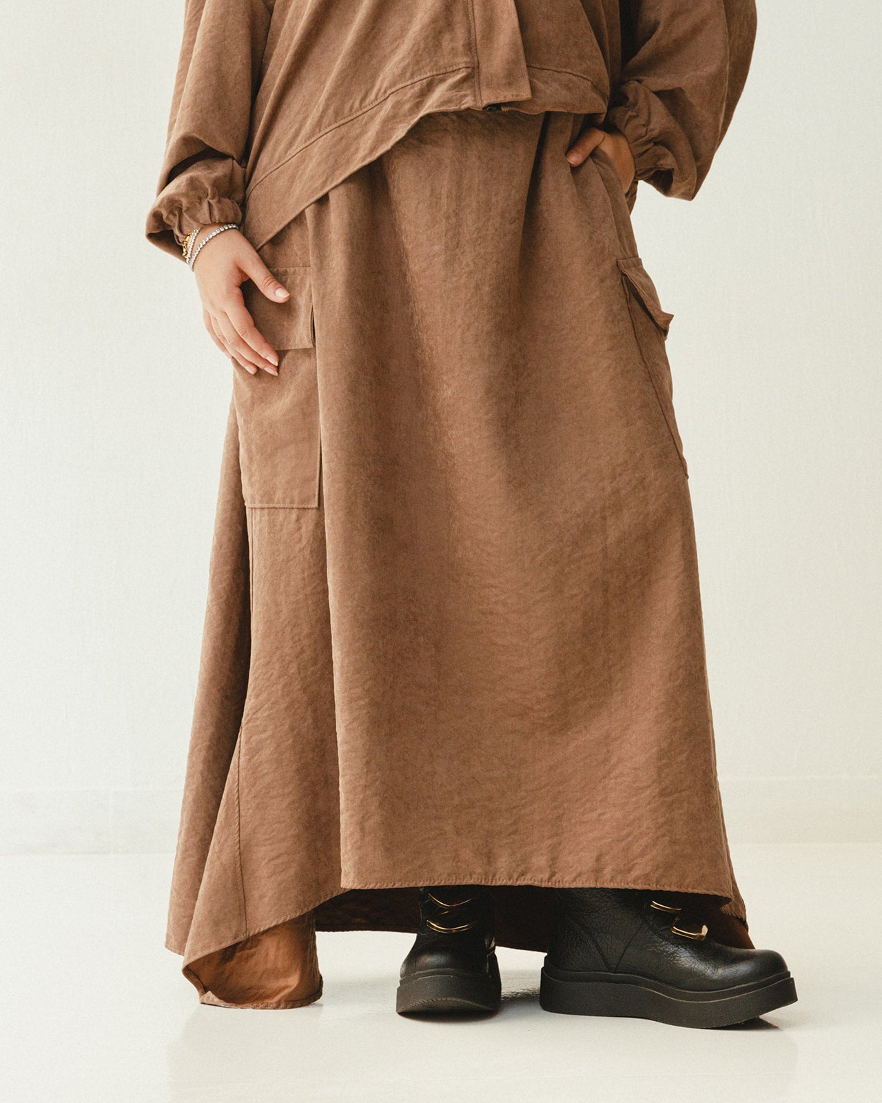 Bomber Jacket Flowy Skirt Set in Brown
