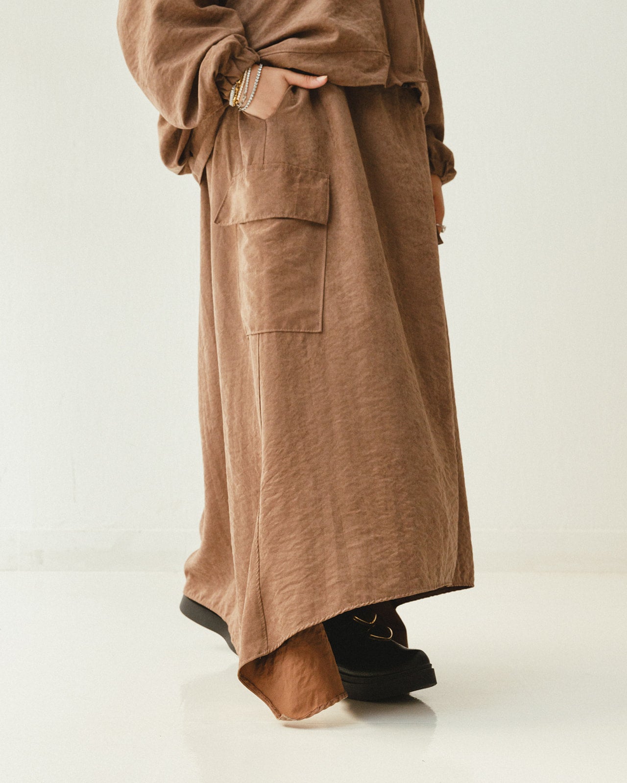 Bomber Jacket Flowy Skirt Set in Brown