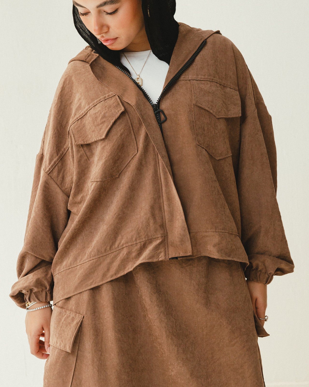 Bomber Jacket Flowy Skirt Set in Brown