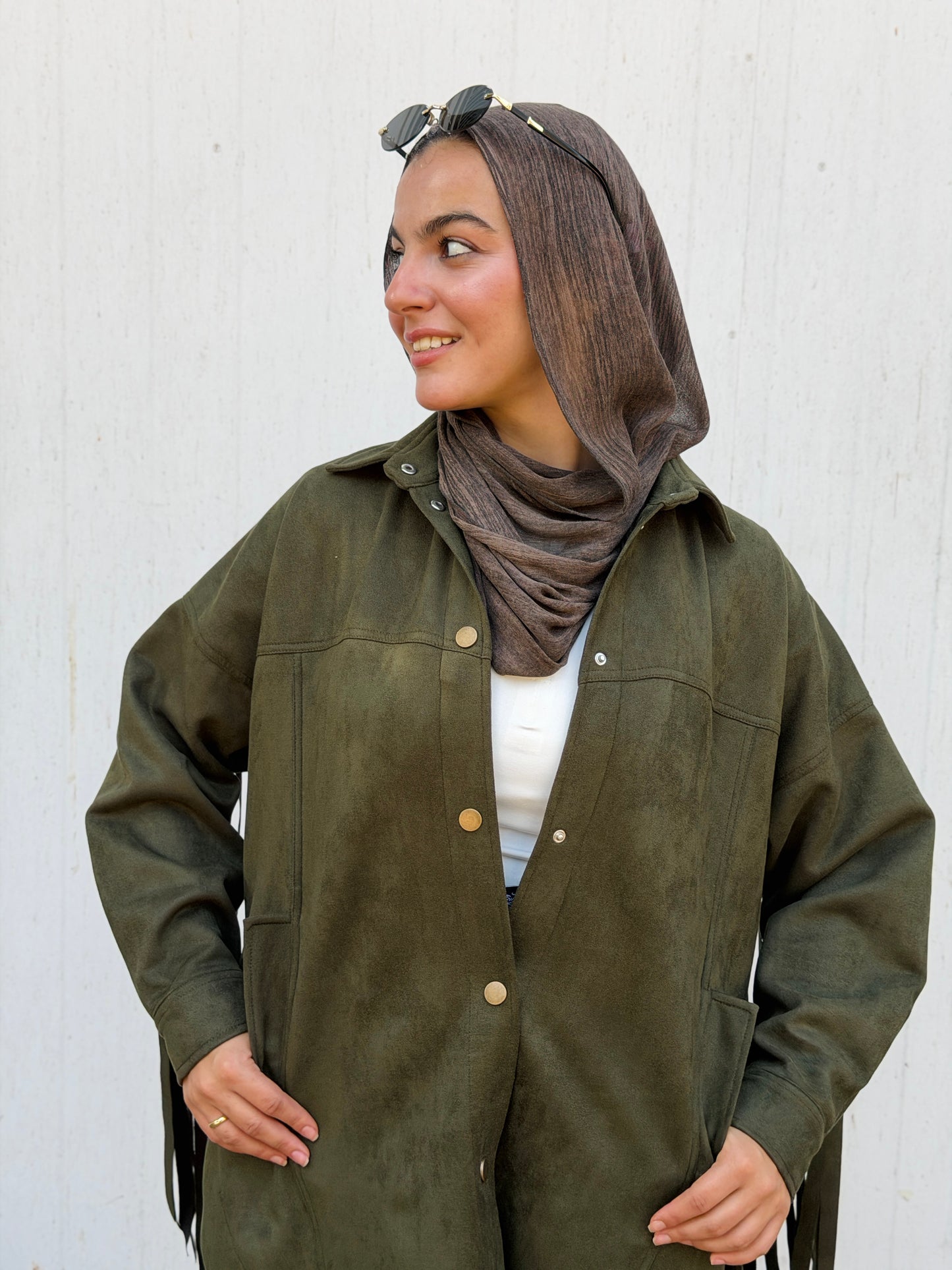 Back Fringes Suede Shirt in Olive