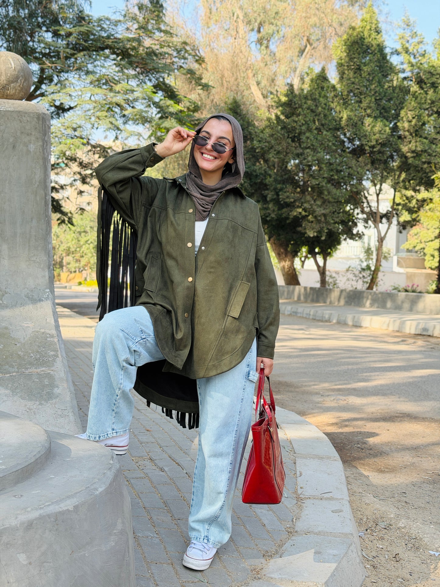 Back Fringes Suede Shirt in Olive