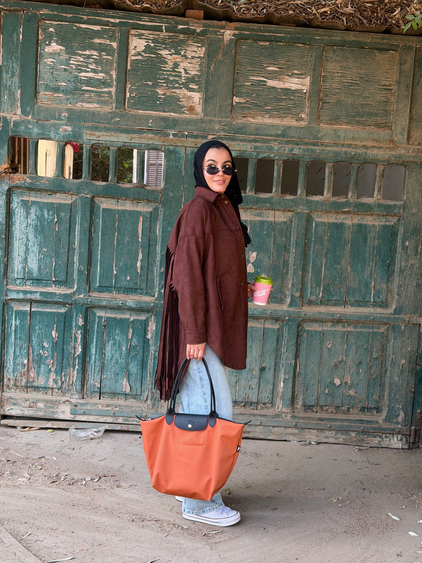 Back Fringes Suede Shirt in Brown