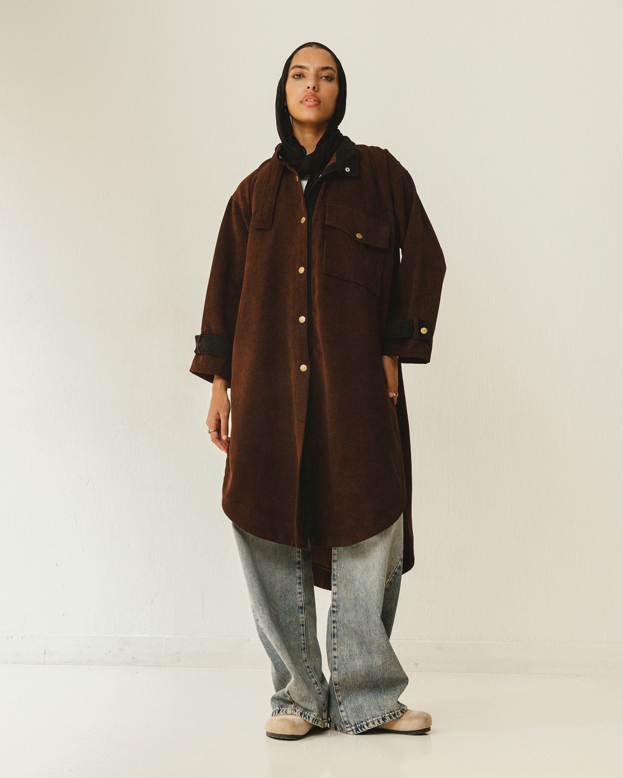 Bicolor Velvet Long Shirt in Brown