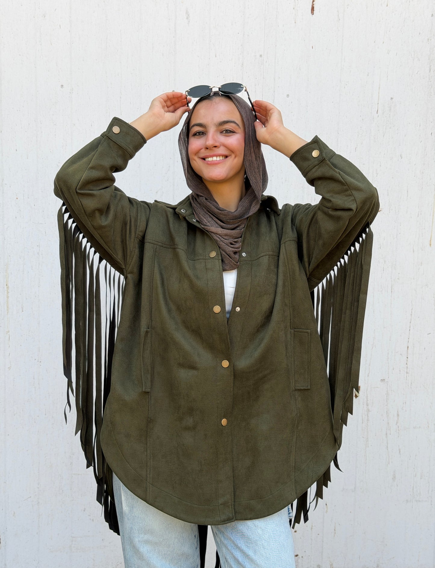Back Fringes Suede Shirt in Olive
