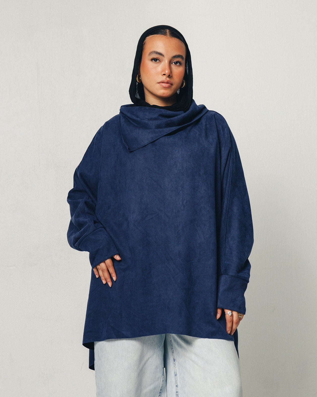 Turtle Neck Suede Top in Navy