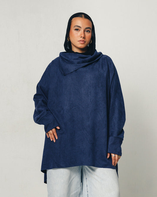 Turtle Neck Suede Top in Navy