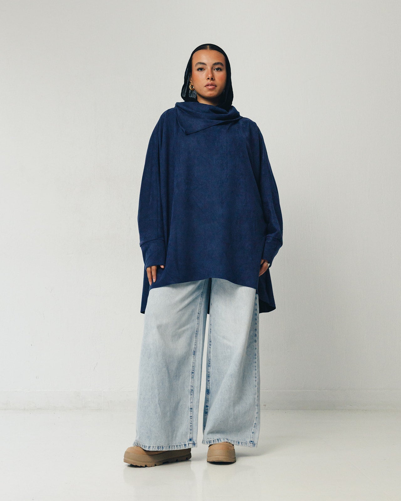 Turtle Neck Suede Top in Navy