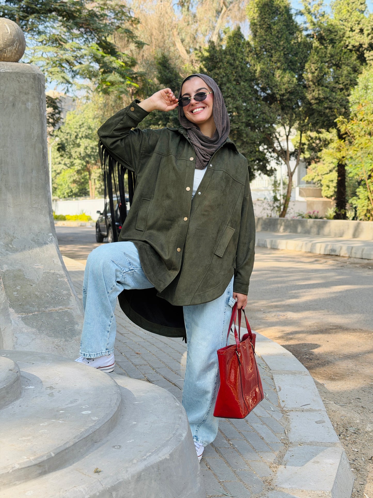 Back Fringes Suede Shirt in Olive