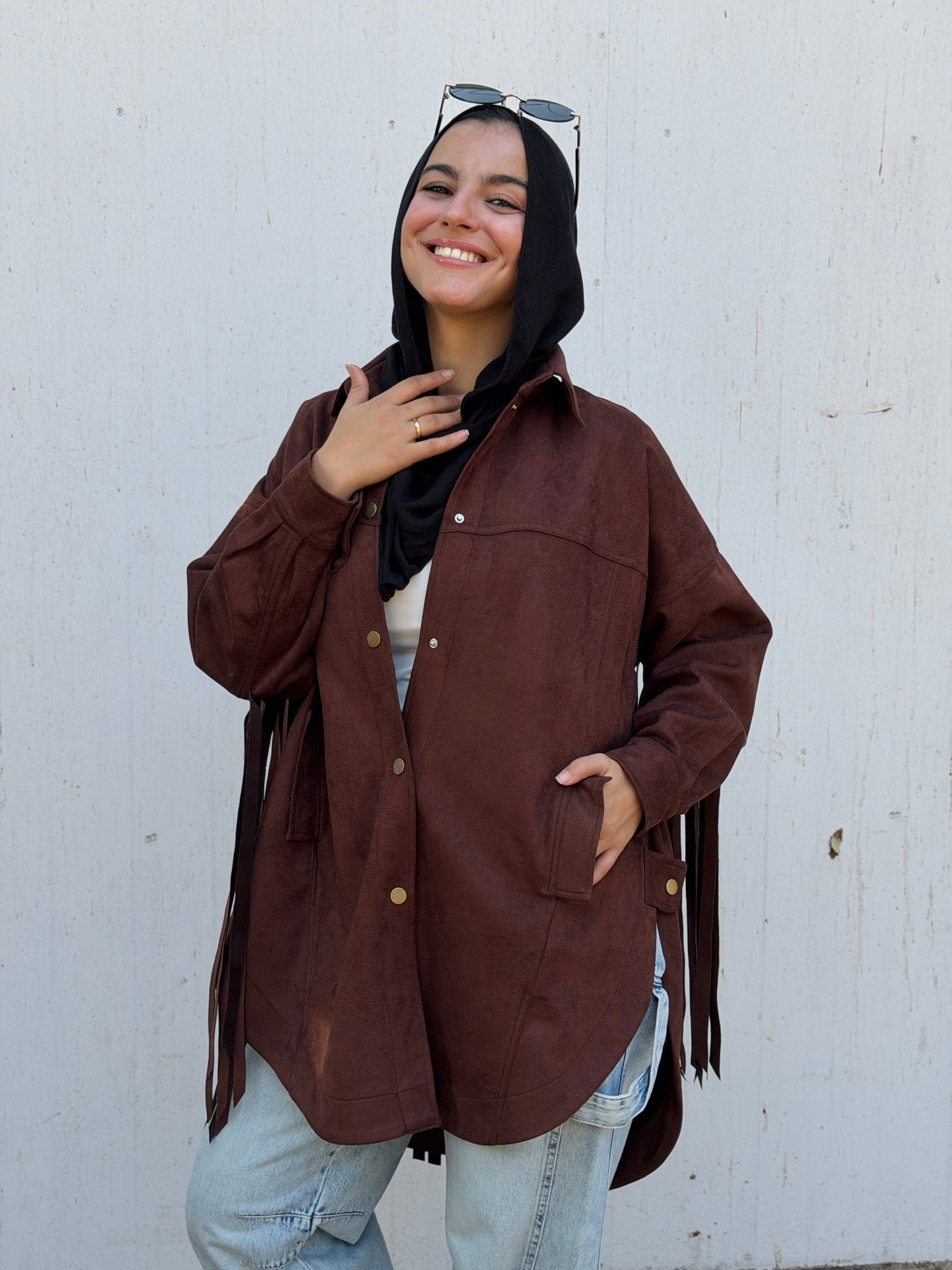Back Fringes Suede Shirt in Brown