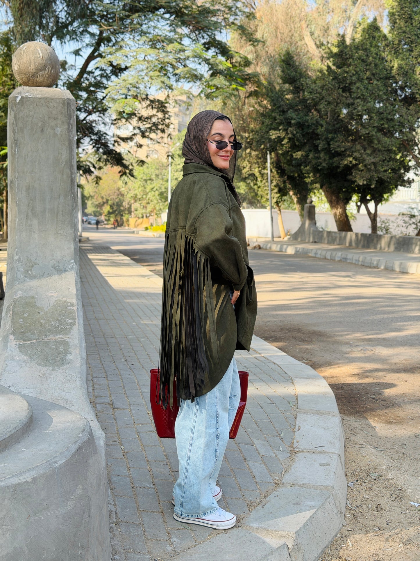 Back Fringes Suede Shirt in Olive