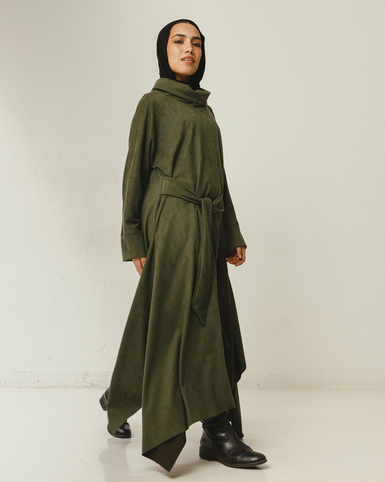 Asymmetrical Belt Dress in Olive