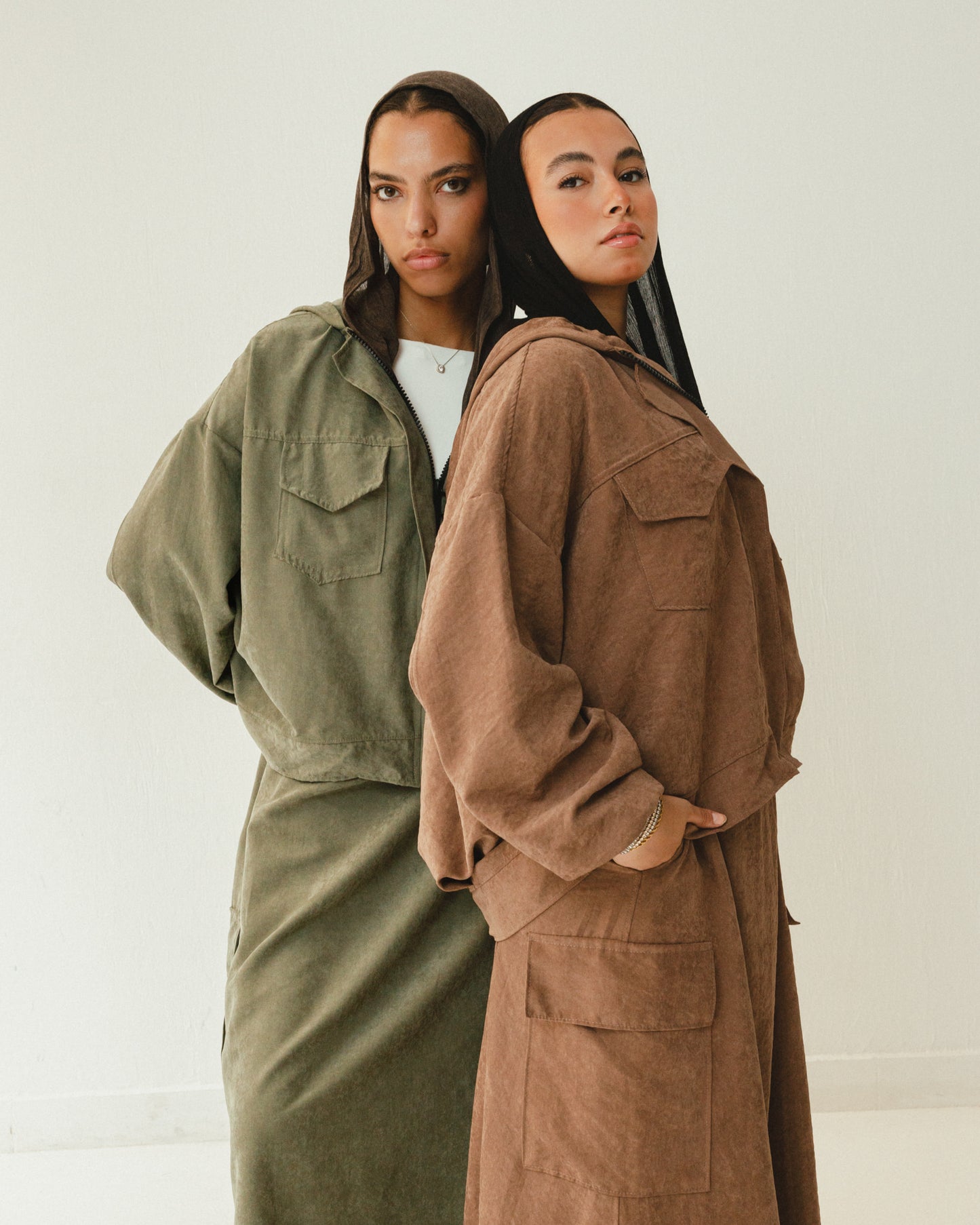 Bomber Jacket Flowy Skirt Set in Brown