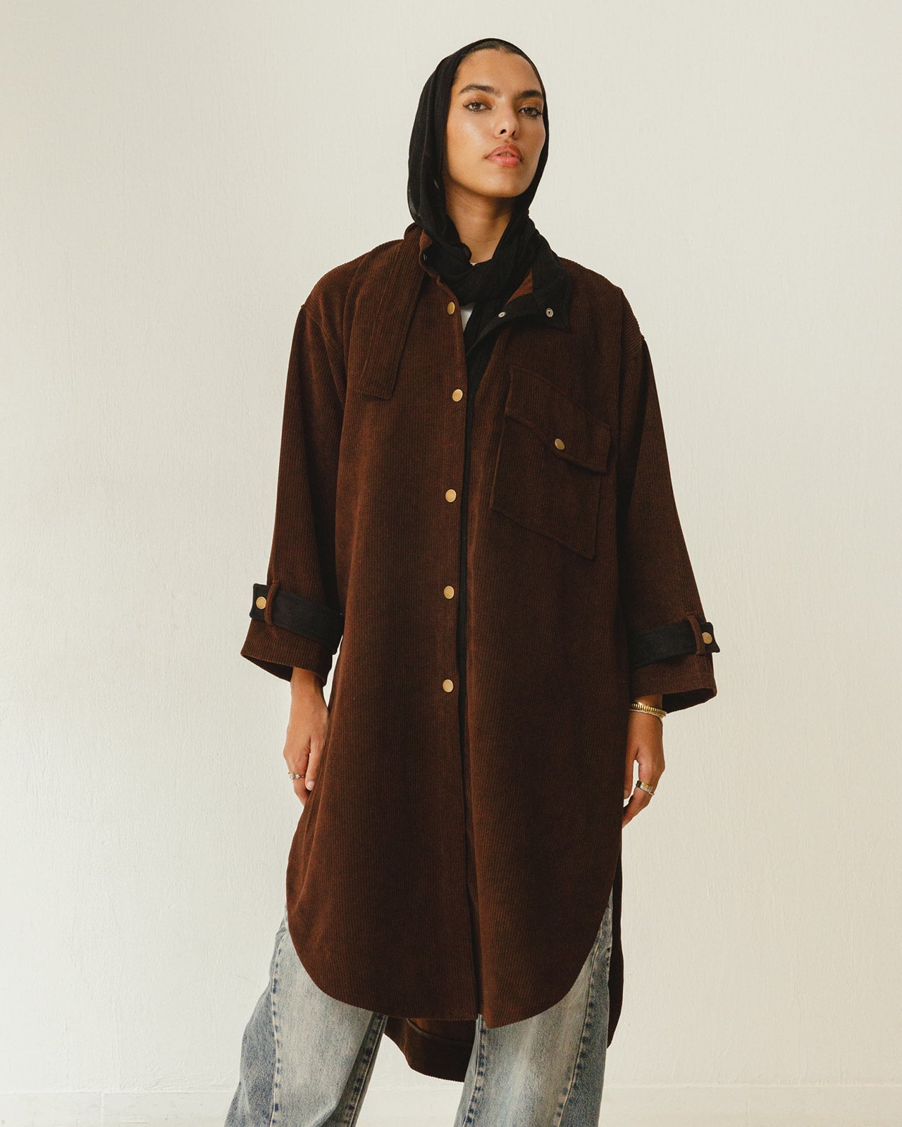 Bicolor Velvet Long Shirt in Brown