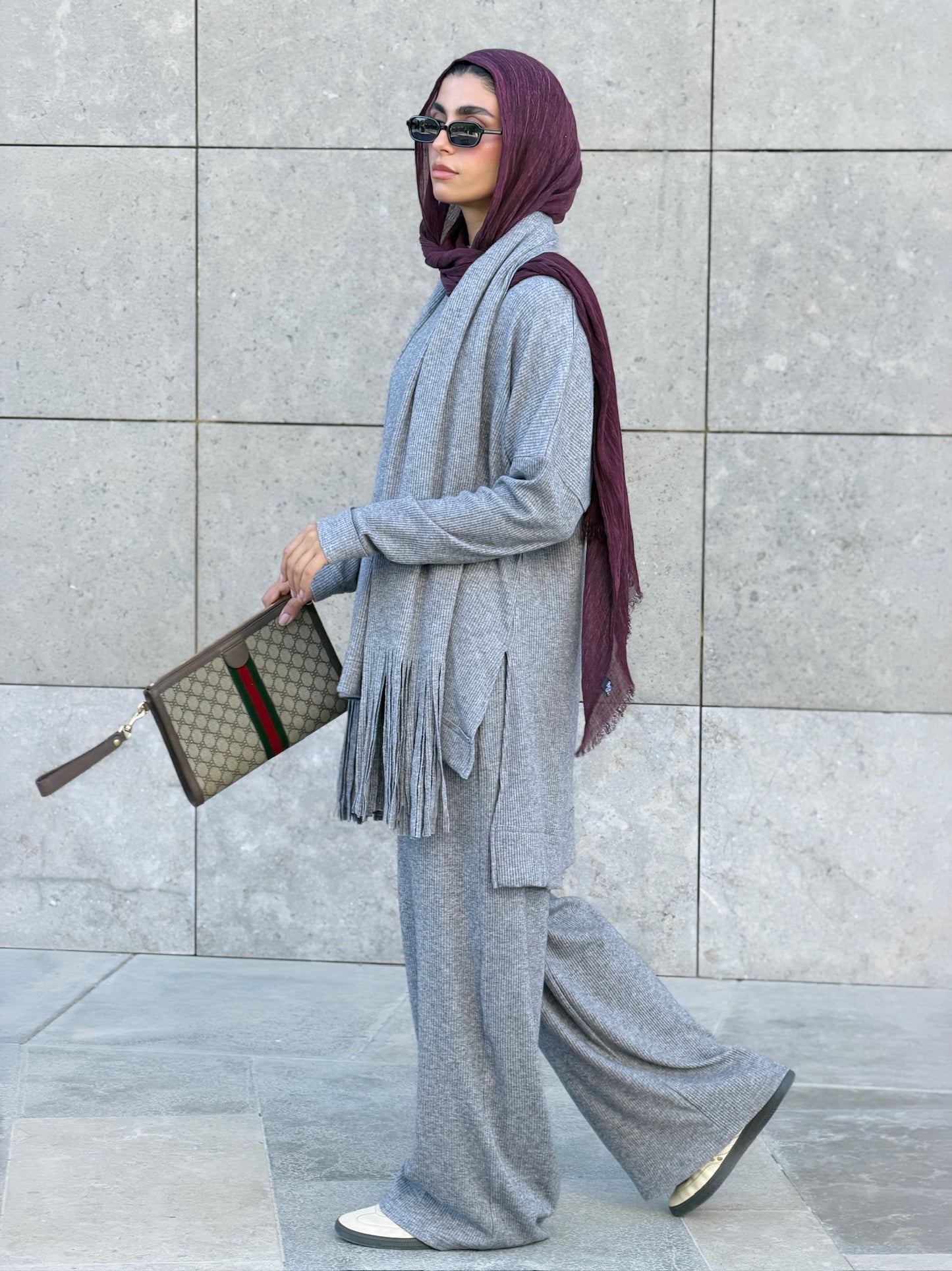 Cozy Fringes Scarf Knit Set in Grey