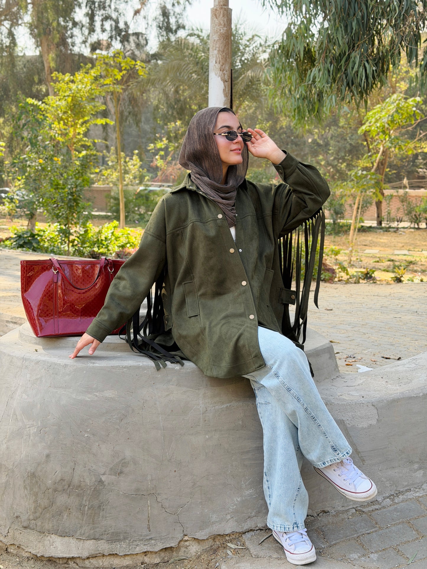 Back Fringes Suede Shirt in Olive