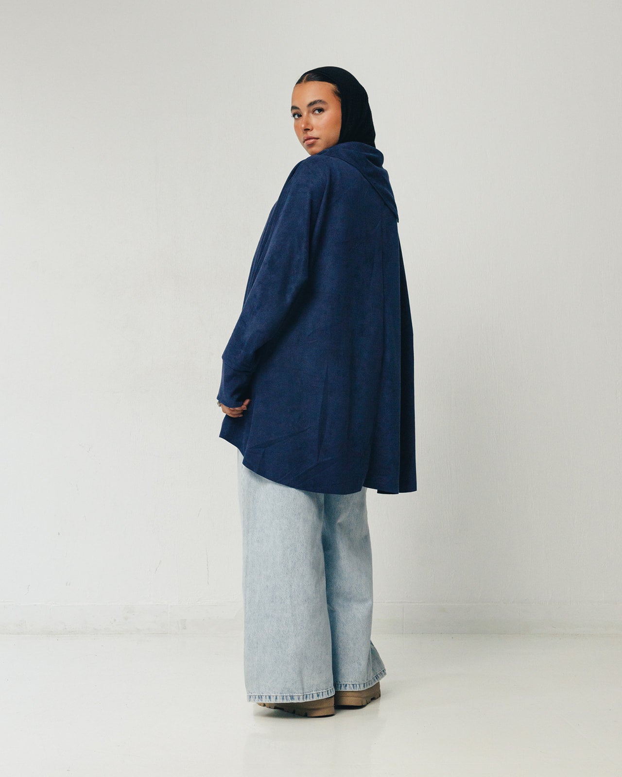 Turtle Neck Suede Top in Navy