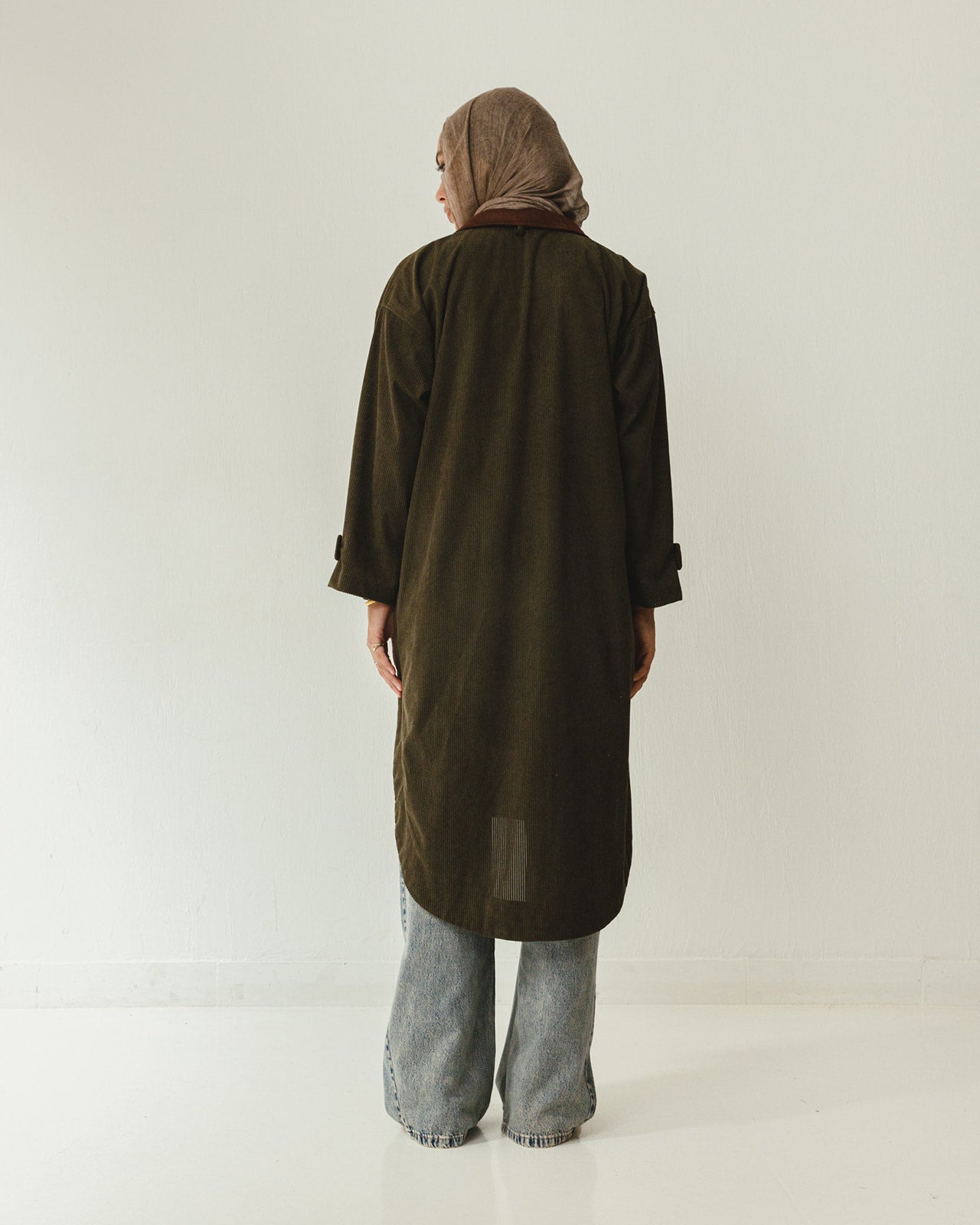 Bicolor Velvet Long Shirt in Olive