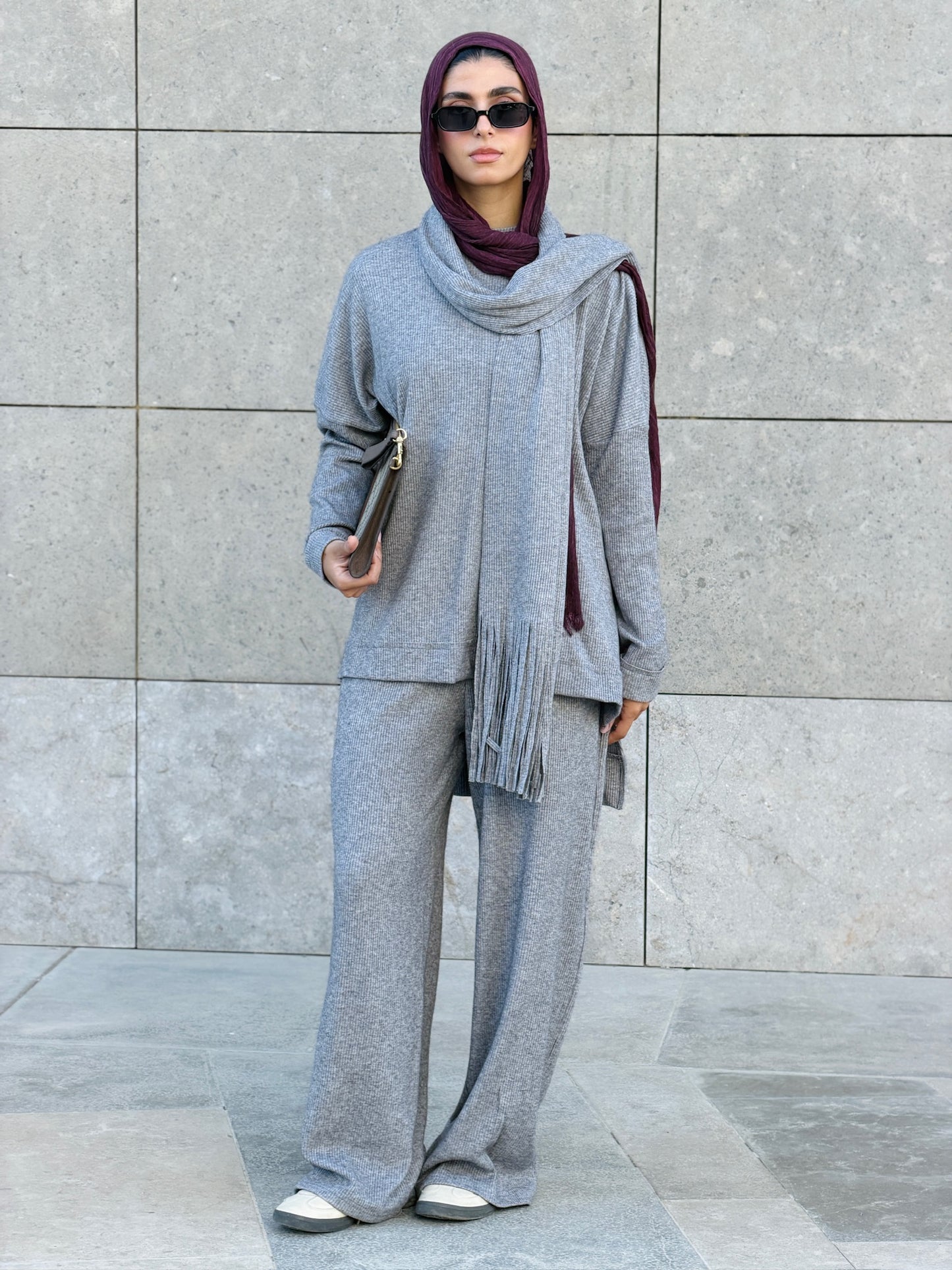 Cozy Fringes Scarf Knit Set in Grey