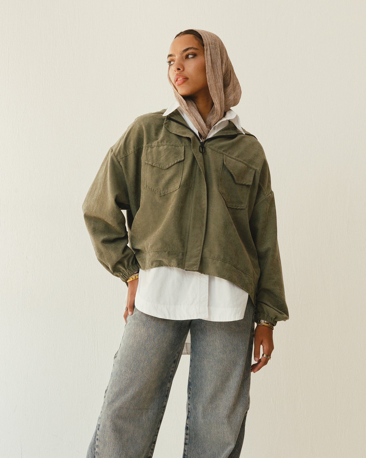 Bomber Hoodie Jacket in Olive