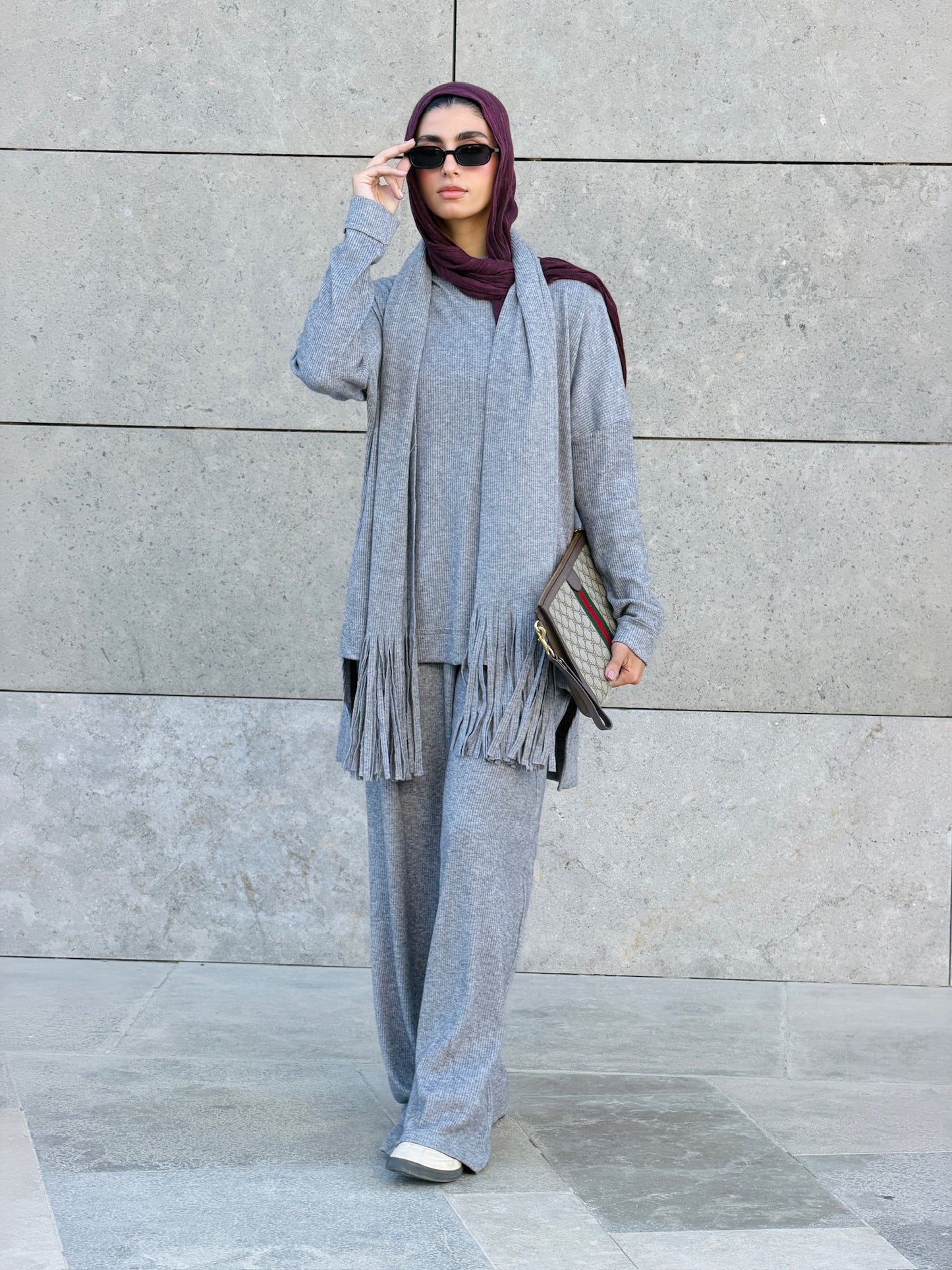 Cozy Fringes Scarf Knit Set in Grey