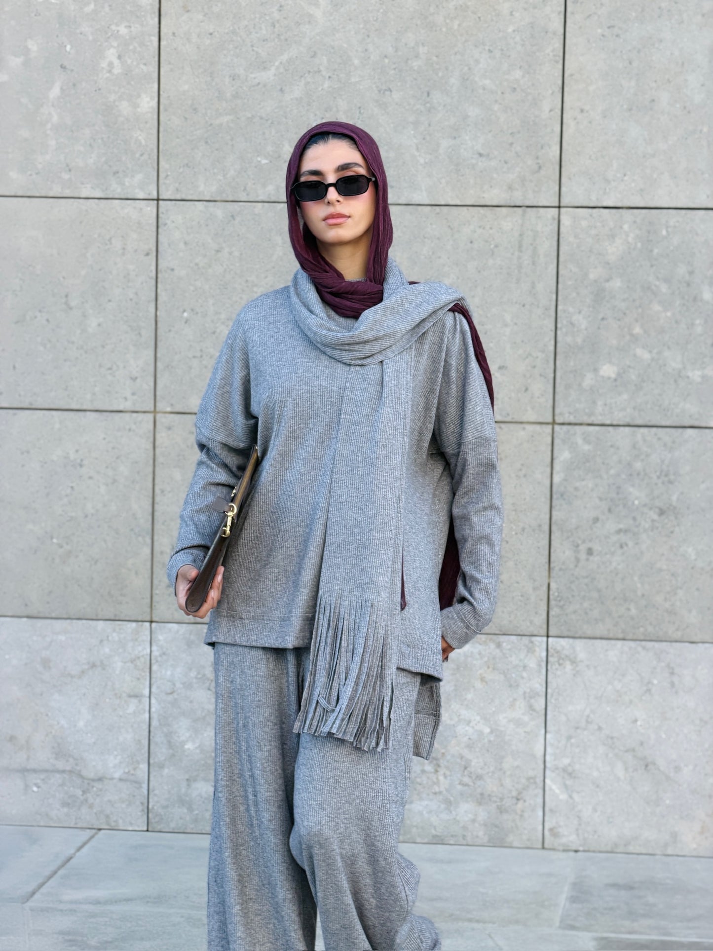 Cozy Fringes Scarf Knit Set in Grey