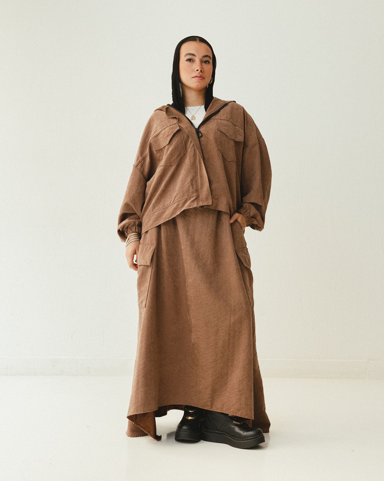 Bomber Jacket Flowy Skirt Set in Brown