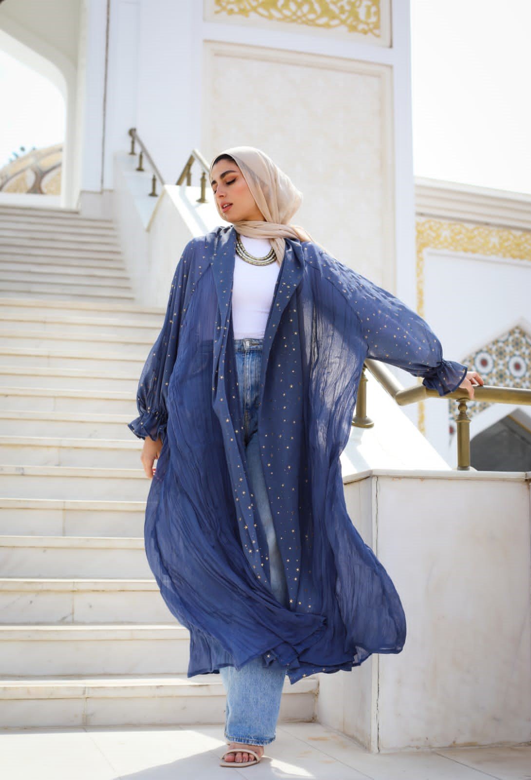 Puff Sleeves Crushed Kaftan in Blue