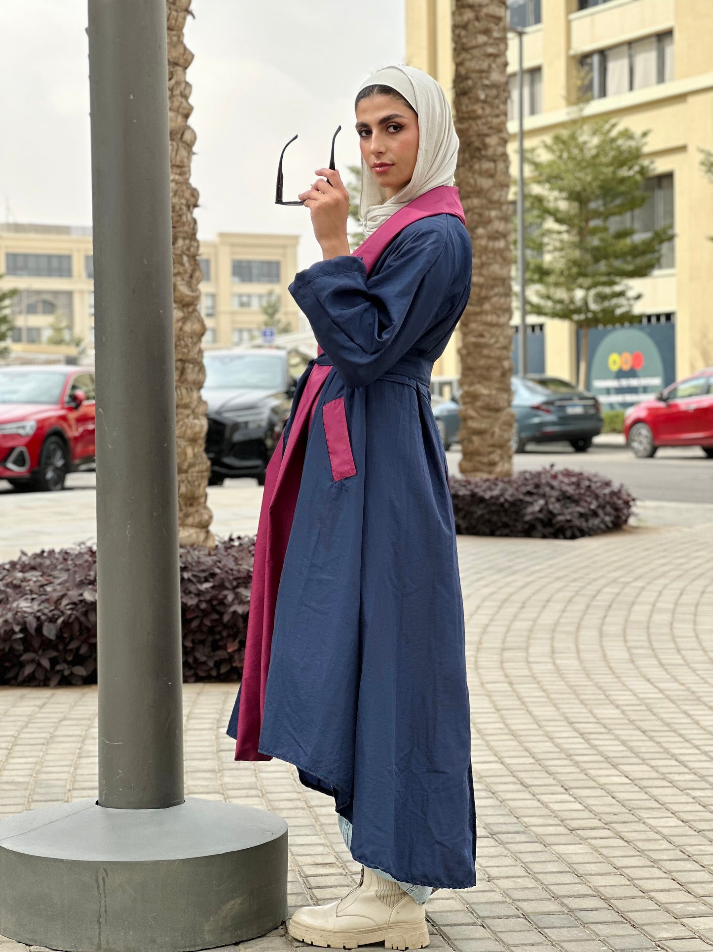 Bicolor Waterproof Trench Coat in Navy Blue