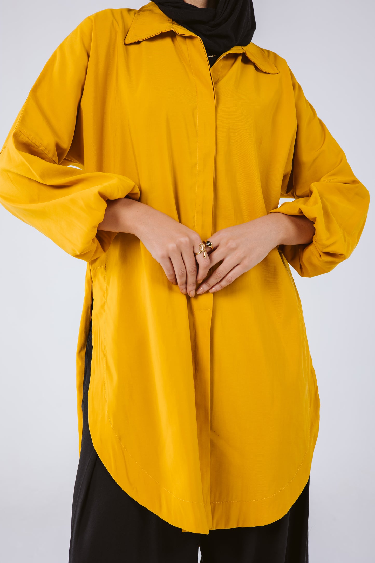 Puffy Sleeves High Low Shirt in Mustard