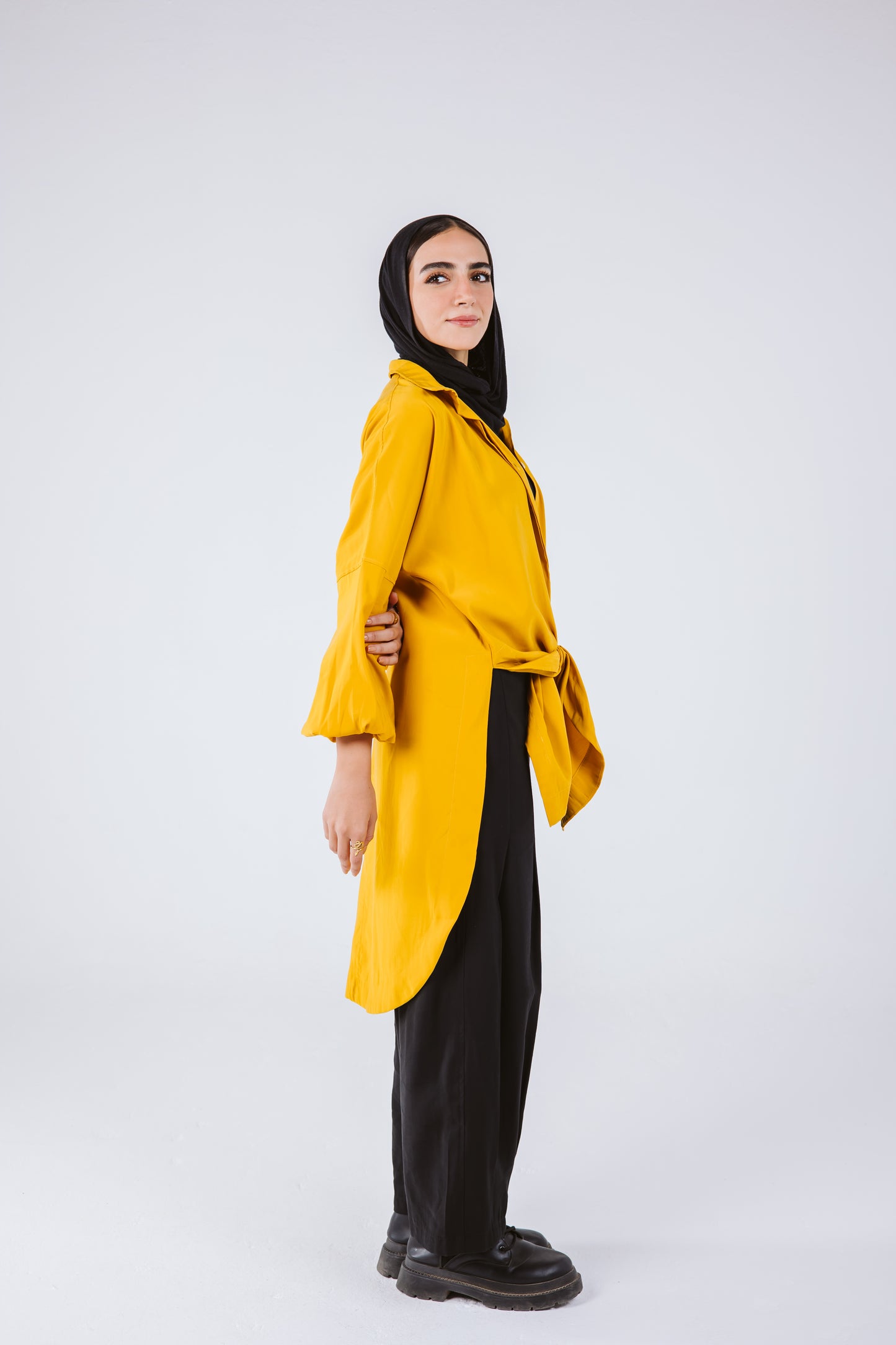 Puffy Sleeves High Low Shirt in Mustard