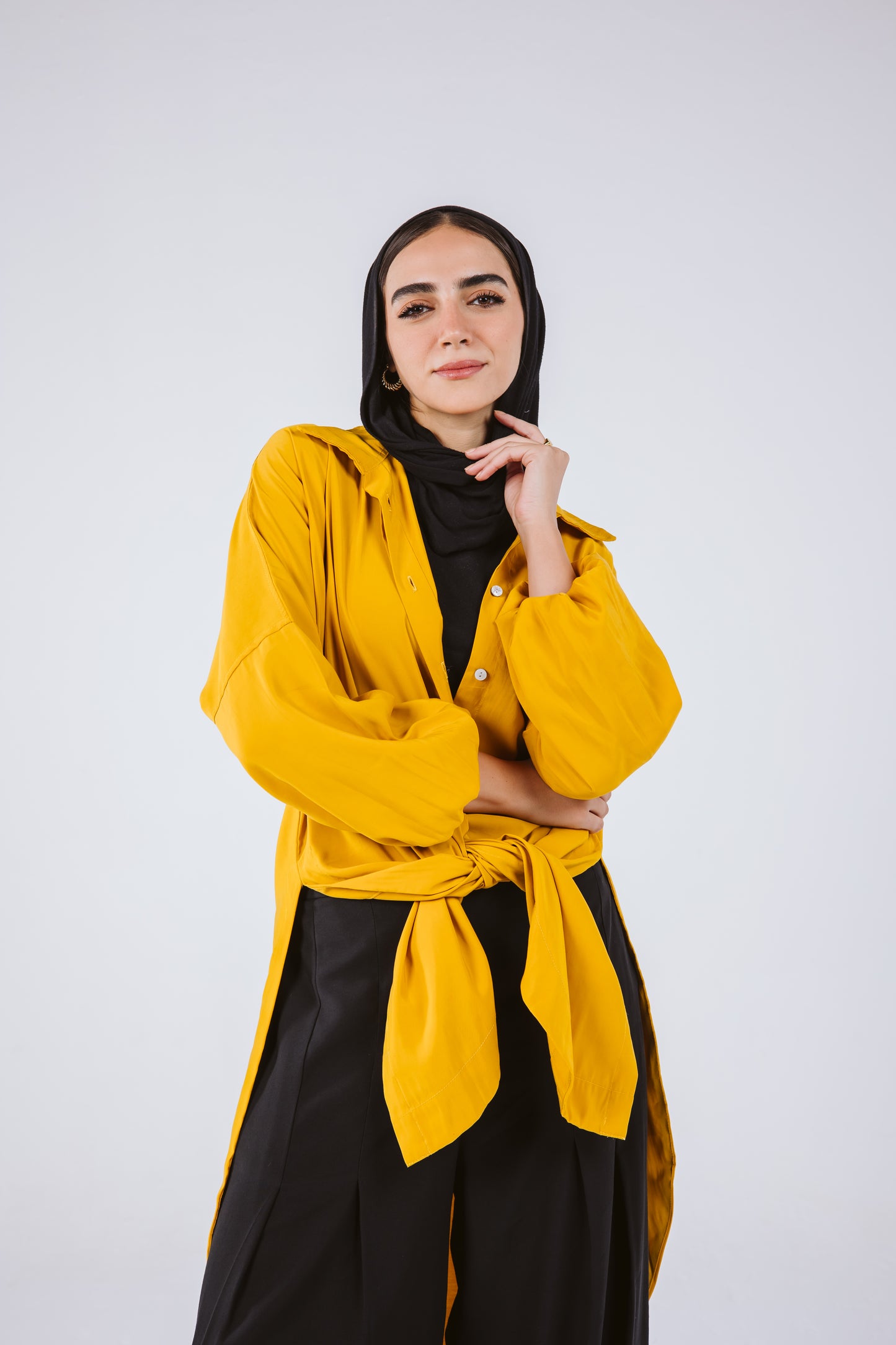 Puffy Sleeves High Low Shirt in Mustard