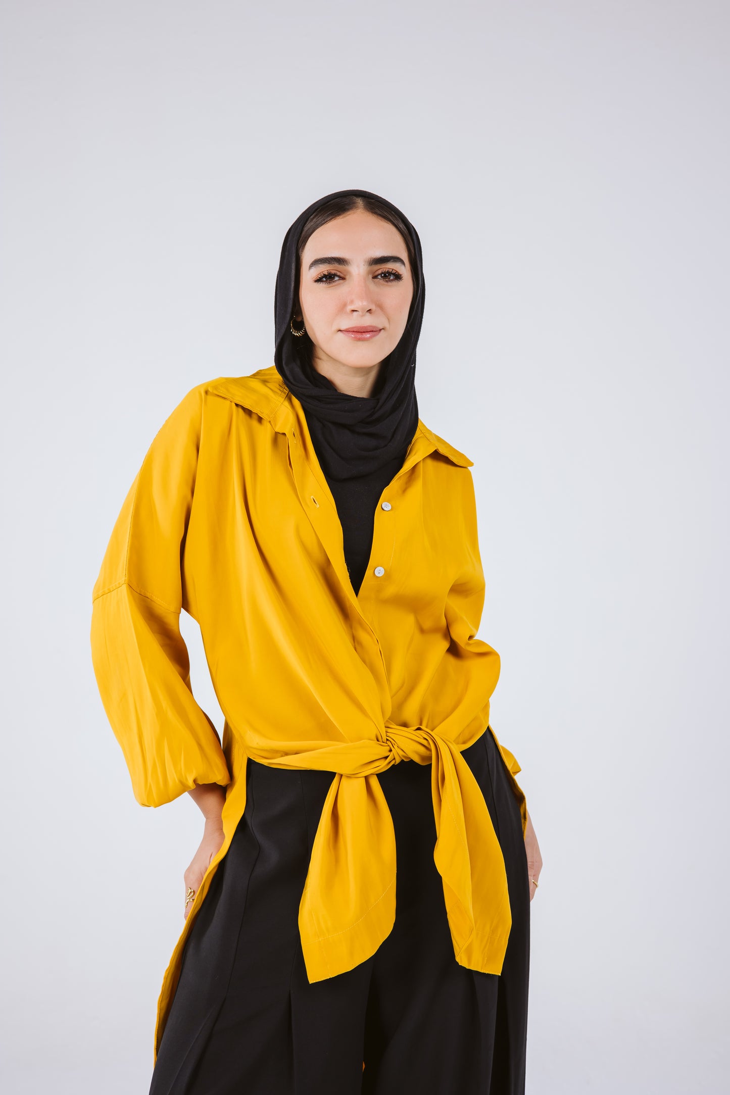 Puffy Sleeves High Low Shirt in Mustard