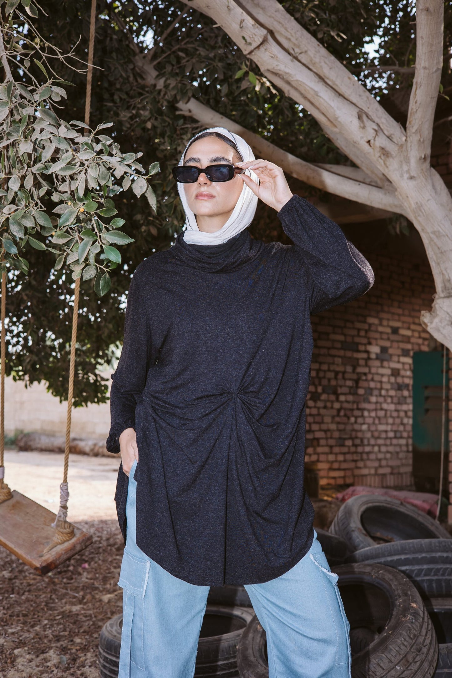 Wrap drapee top in Black