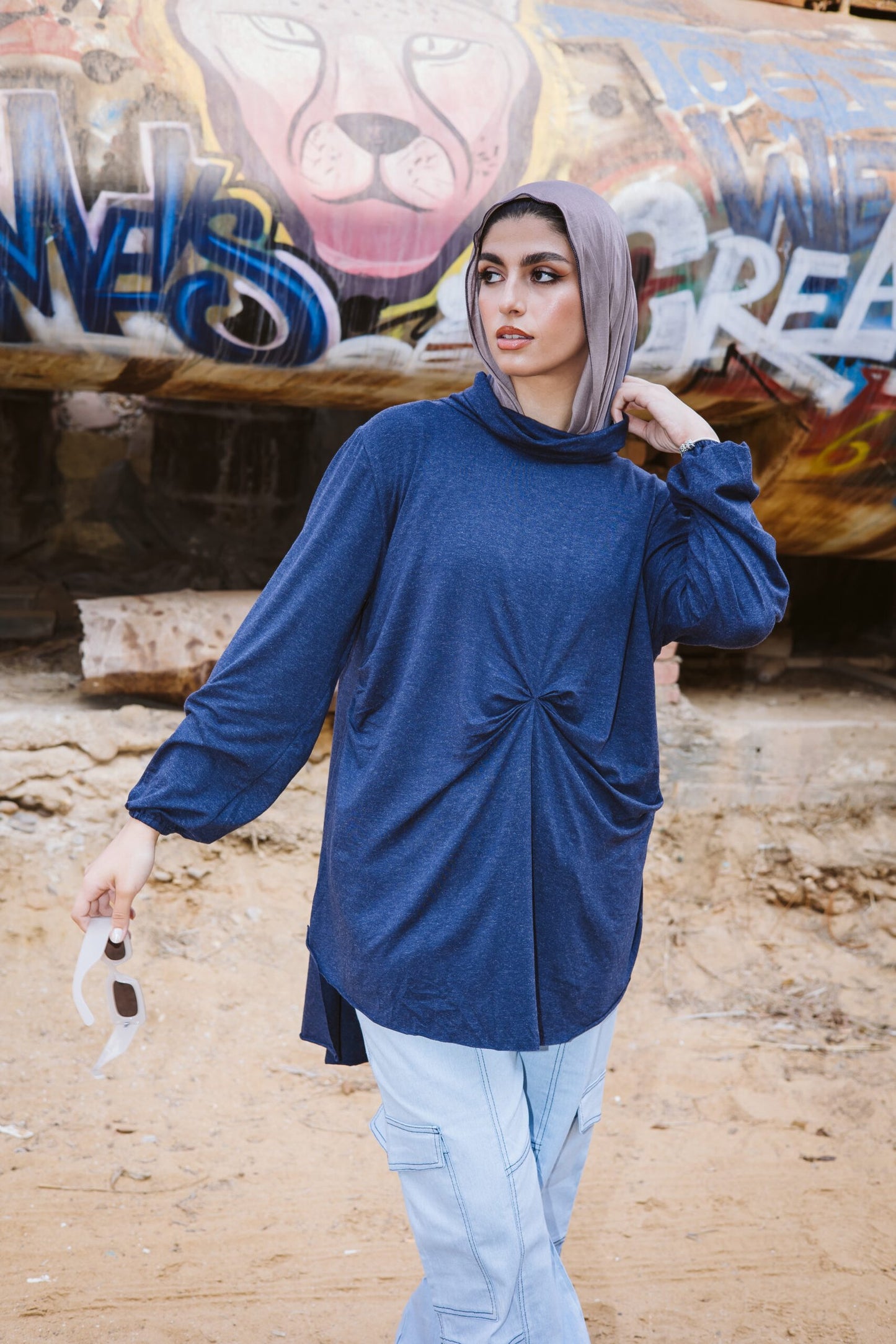 Wrap drapee top in Navy