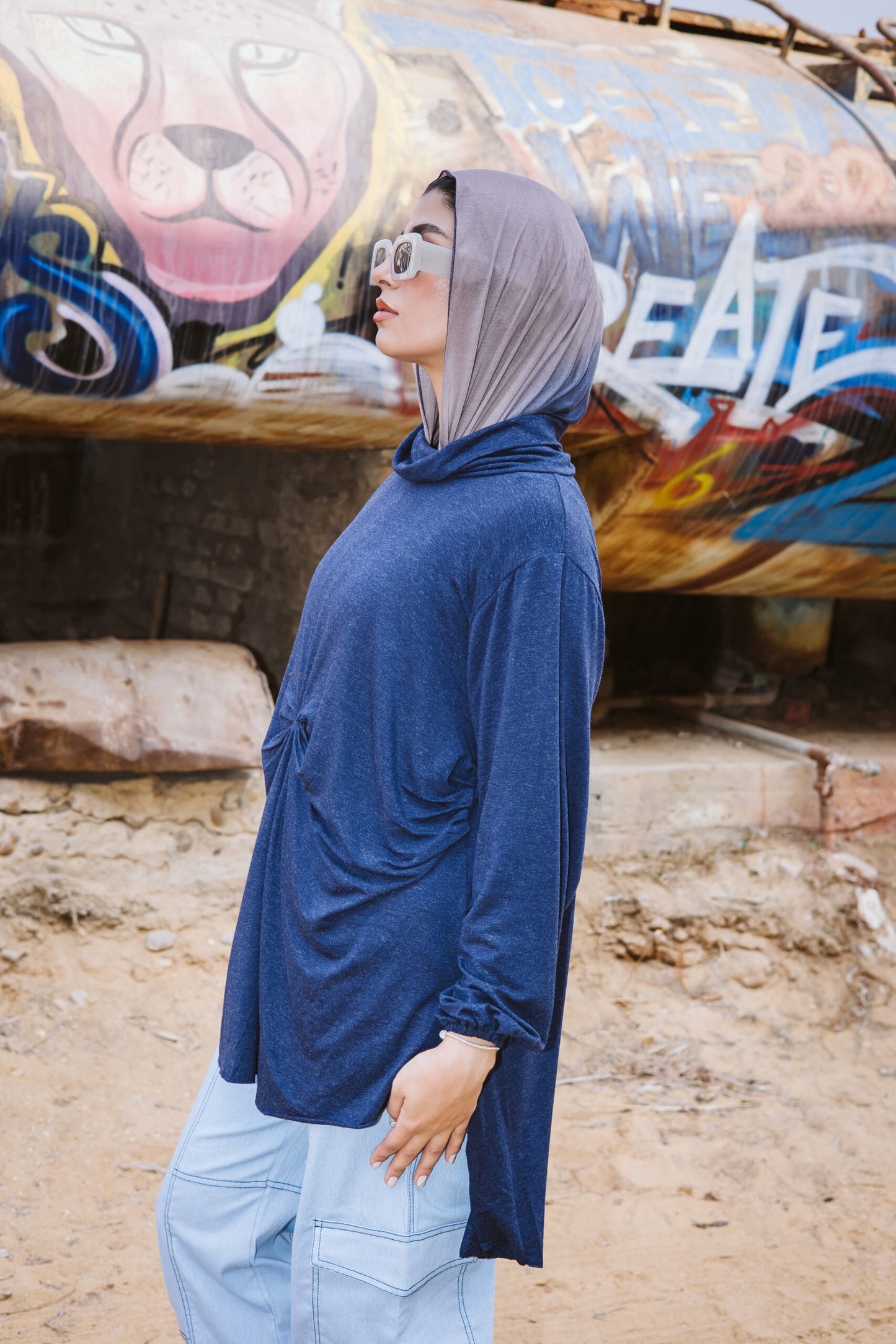 Wrap drapee top in Navy