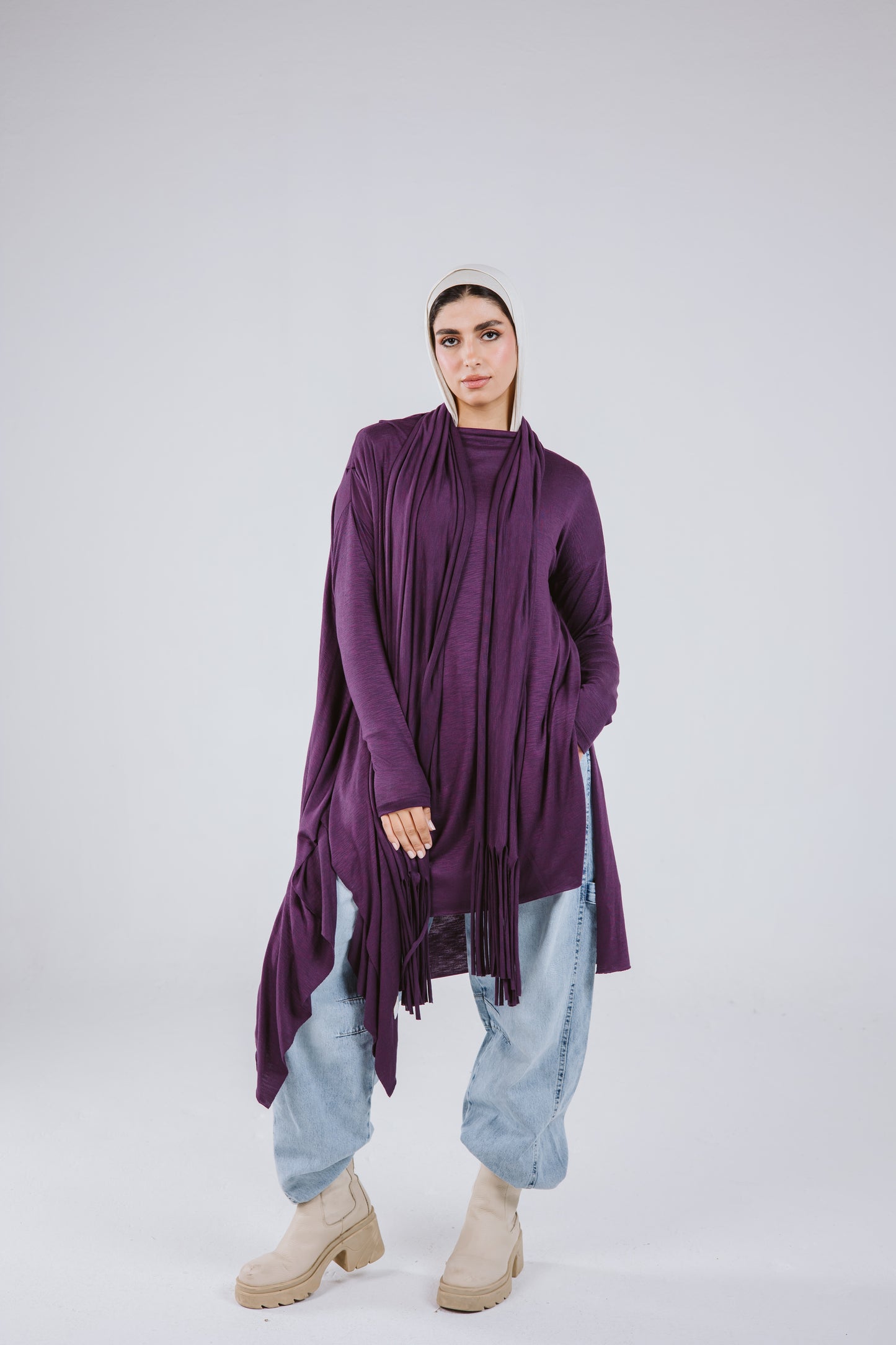 Waves Top with Fringes Scarf in Purple