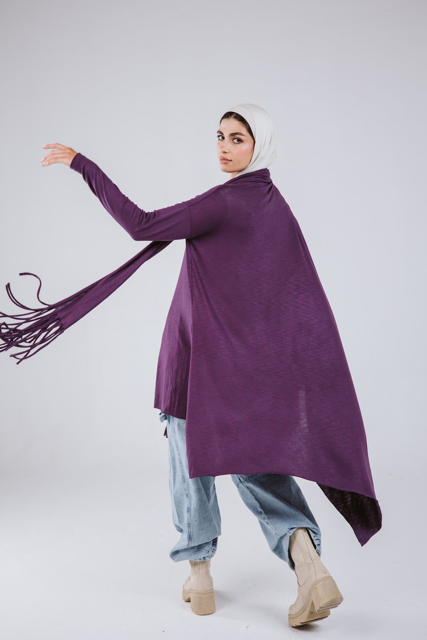 Waves Top with Fringes Scarf in Purple