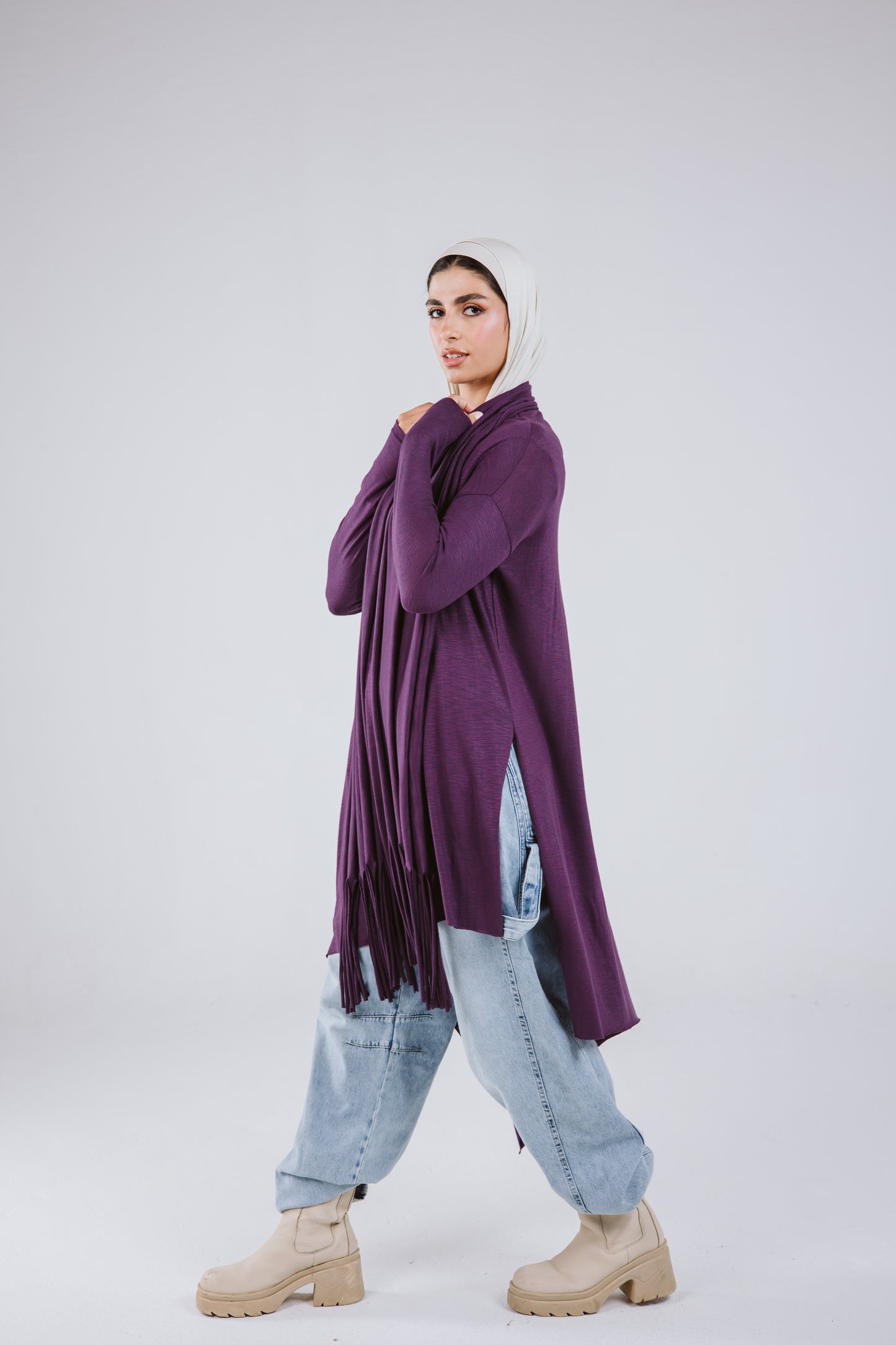 Waves Top with Fringes Scarf in Purple