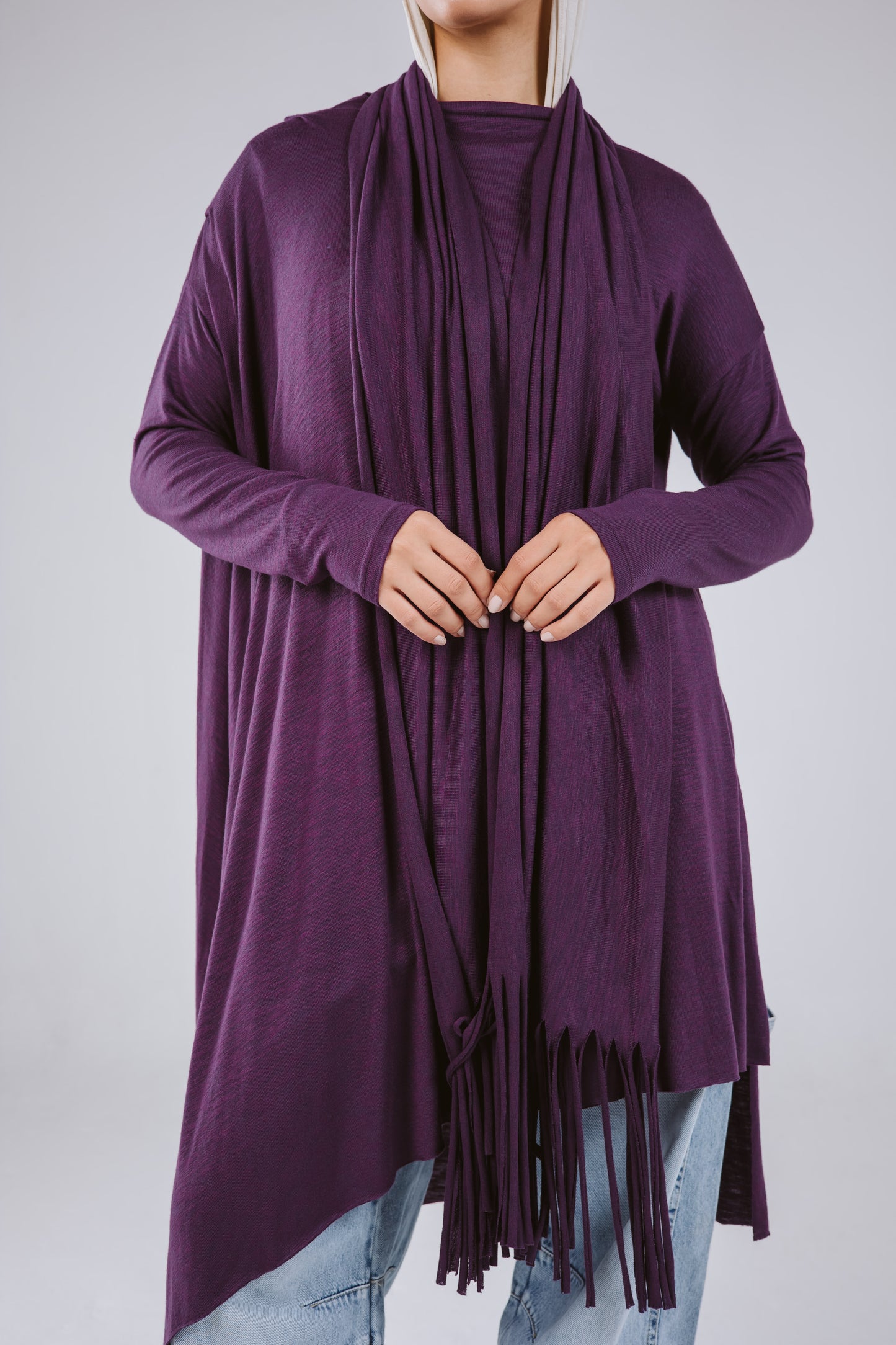 Waves Top with Fringes Scarf in Purple