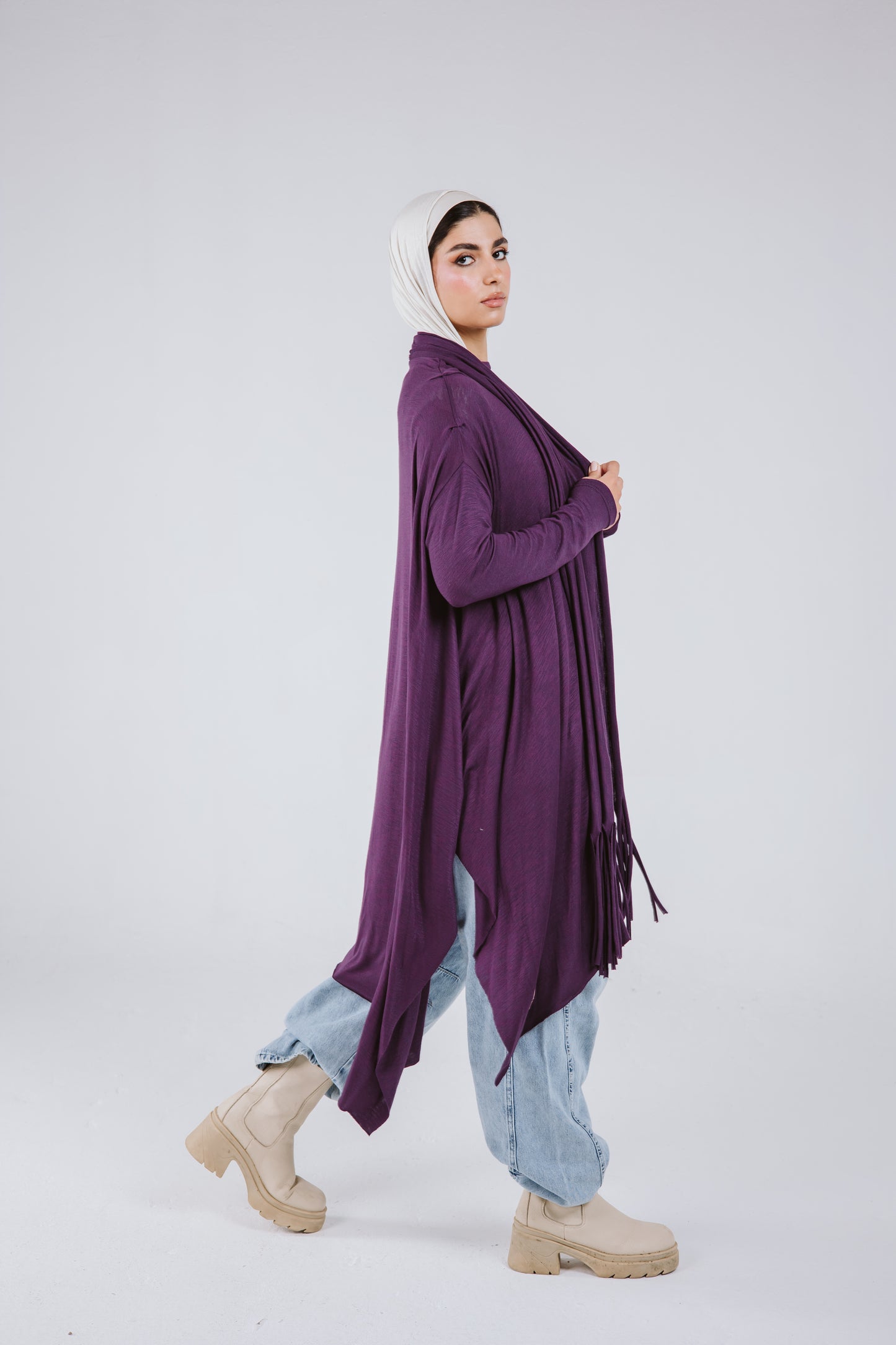 Waves Top with Fringes Scarf in Purple