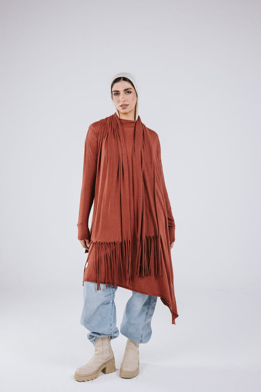 Waves Top with Fringes Scarf in Brick