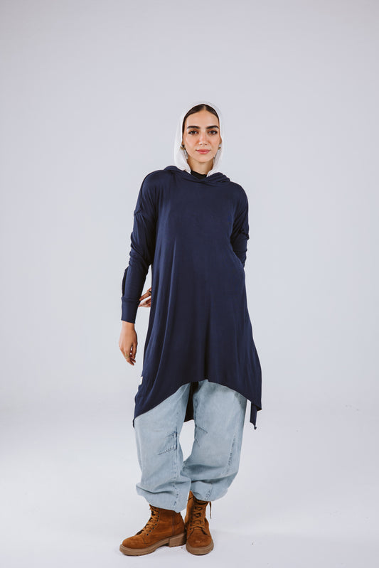 Asymmetrical Hoodie Top in Navy Blue