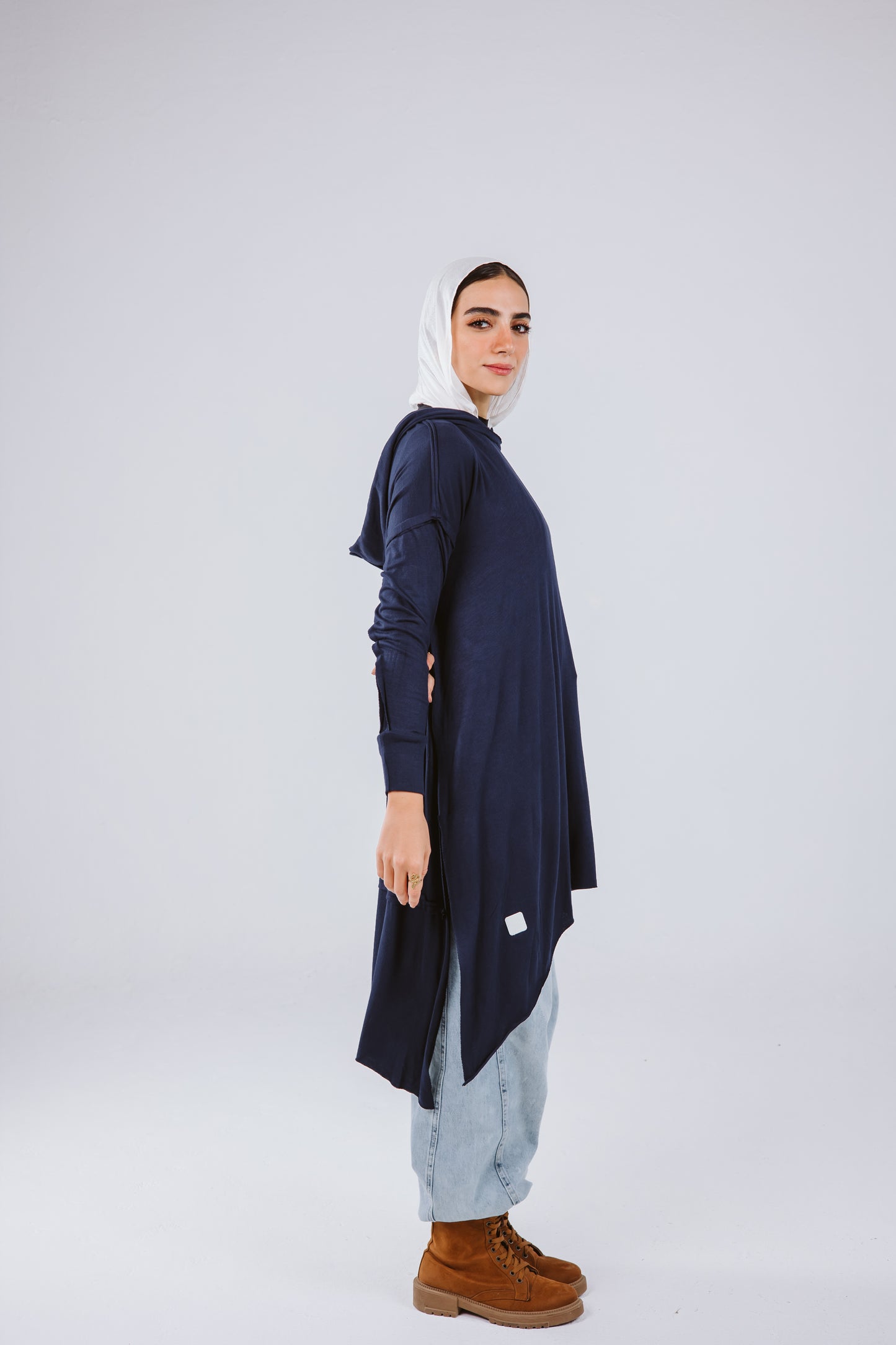 Asymmetrical Hoodie Top in Navy Blue