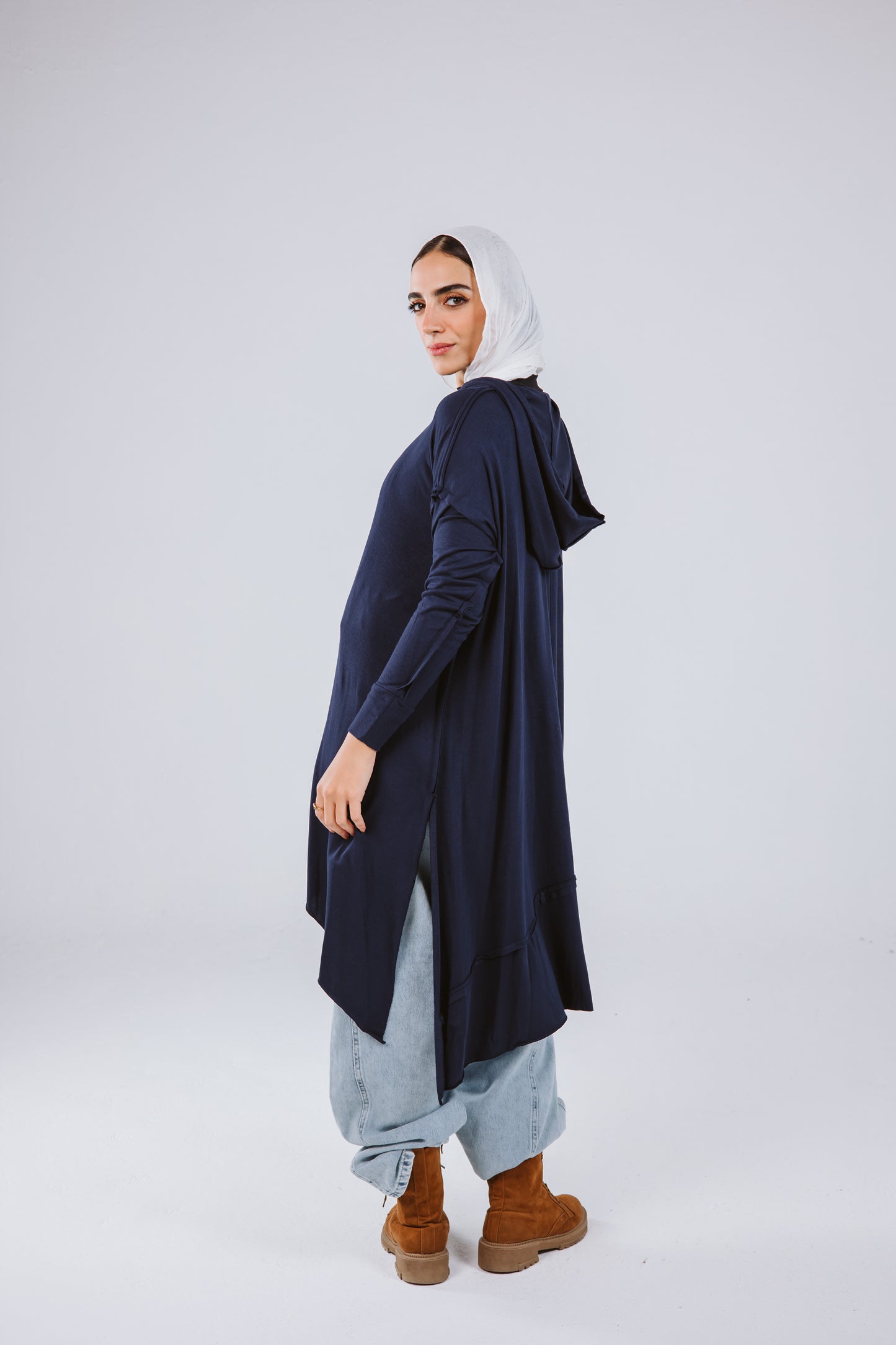 Asymmetrical Hoodie Top in Navy Blue