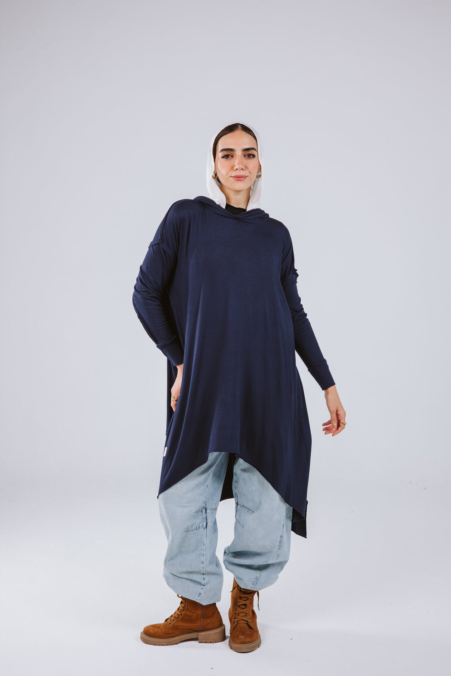 Asymmetrical Hoodie Top in Navy Blue