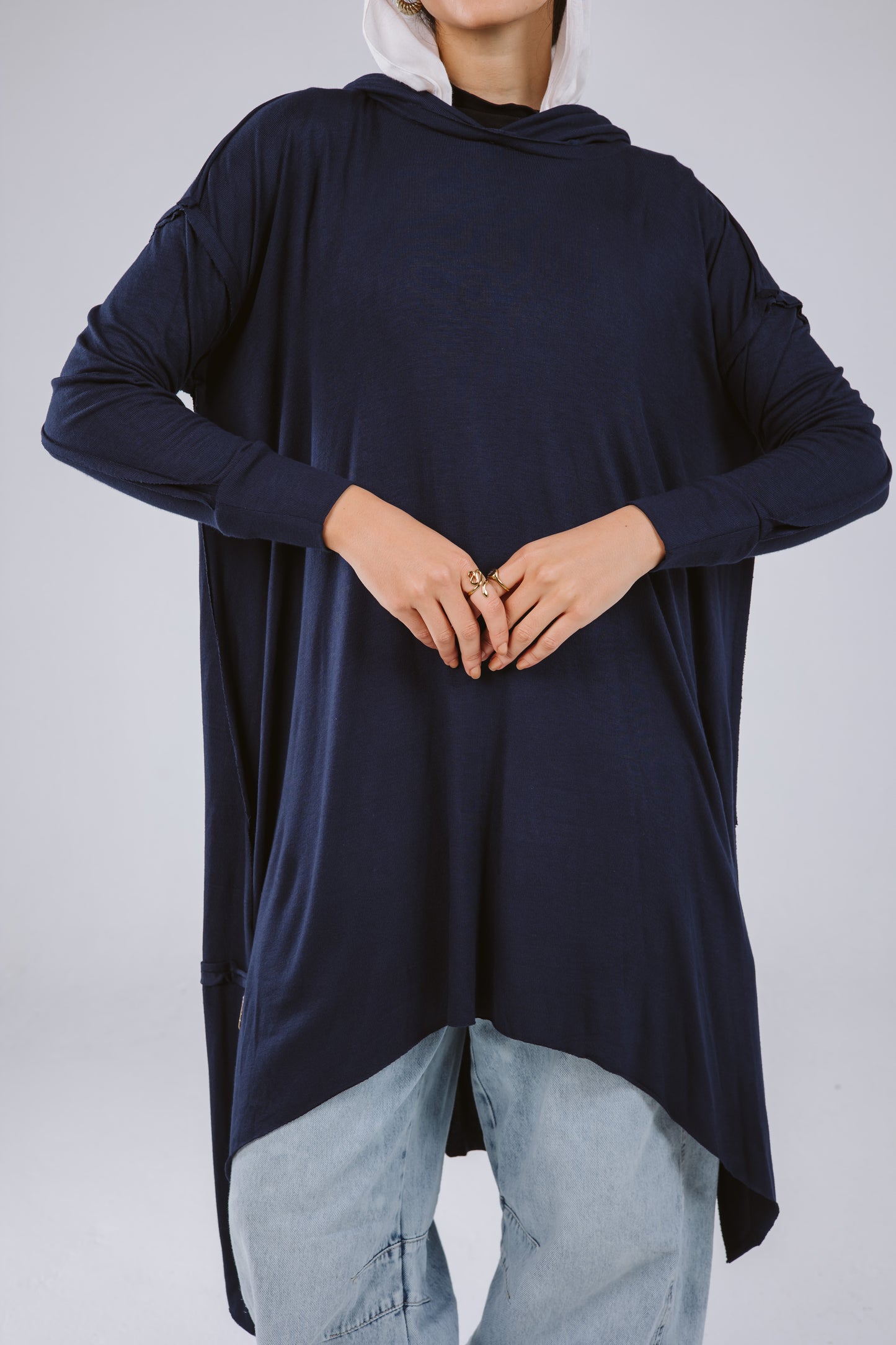 Asymmetrical Hoodie Top in Navy Blue